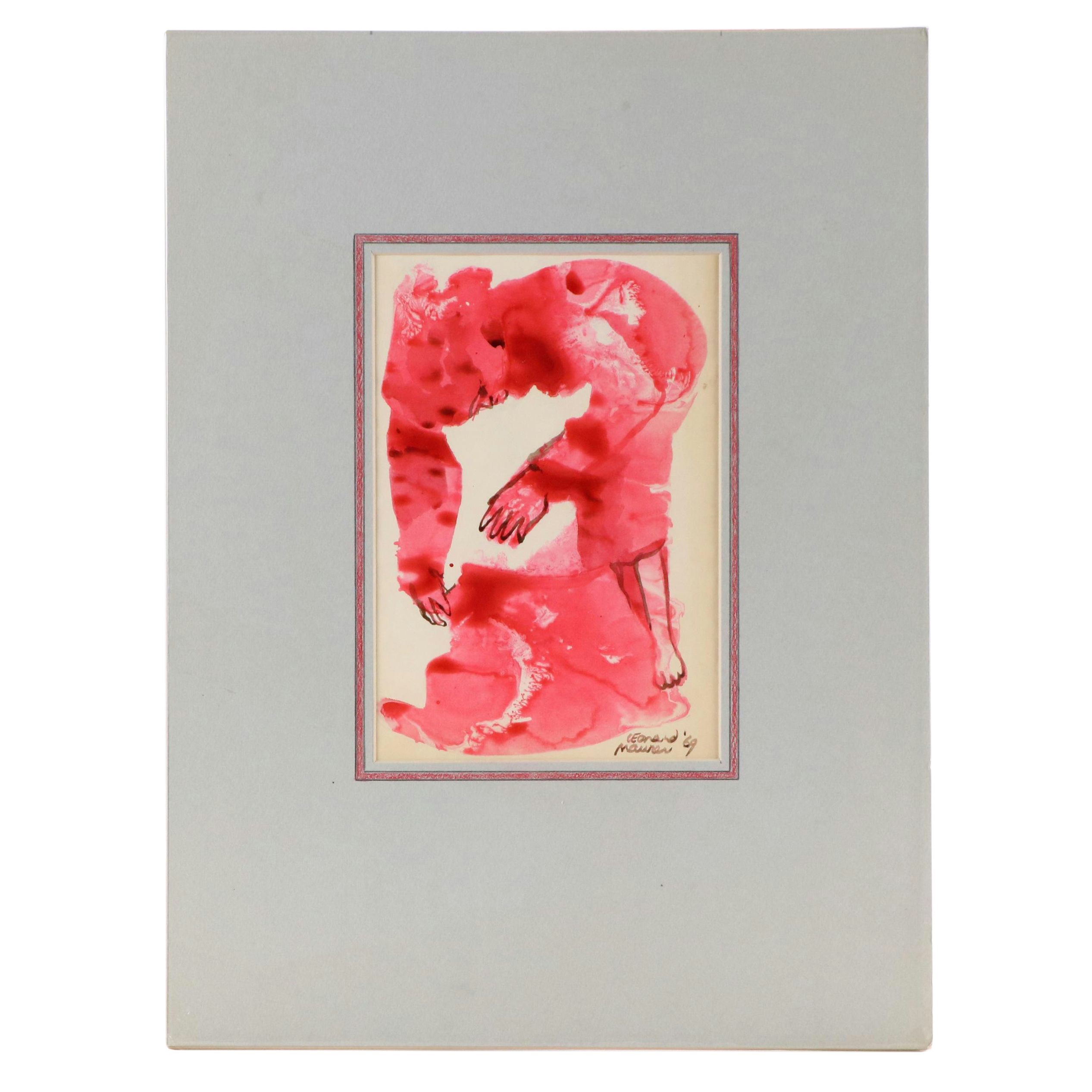 Leonard Maurer Modern Figural Ink Wash Drawing "The Refugee," 1969