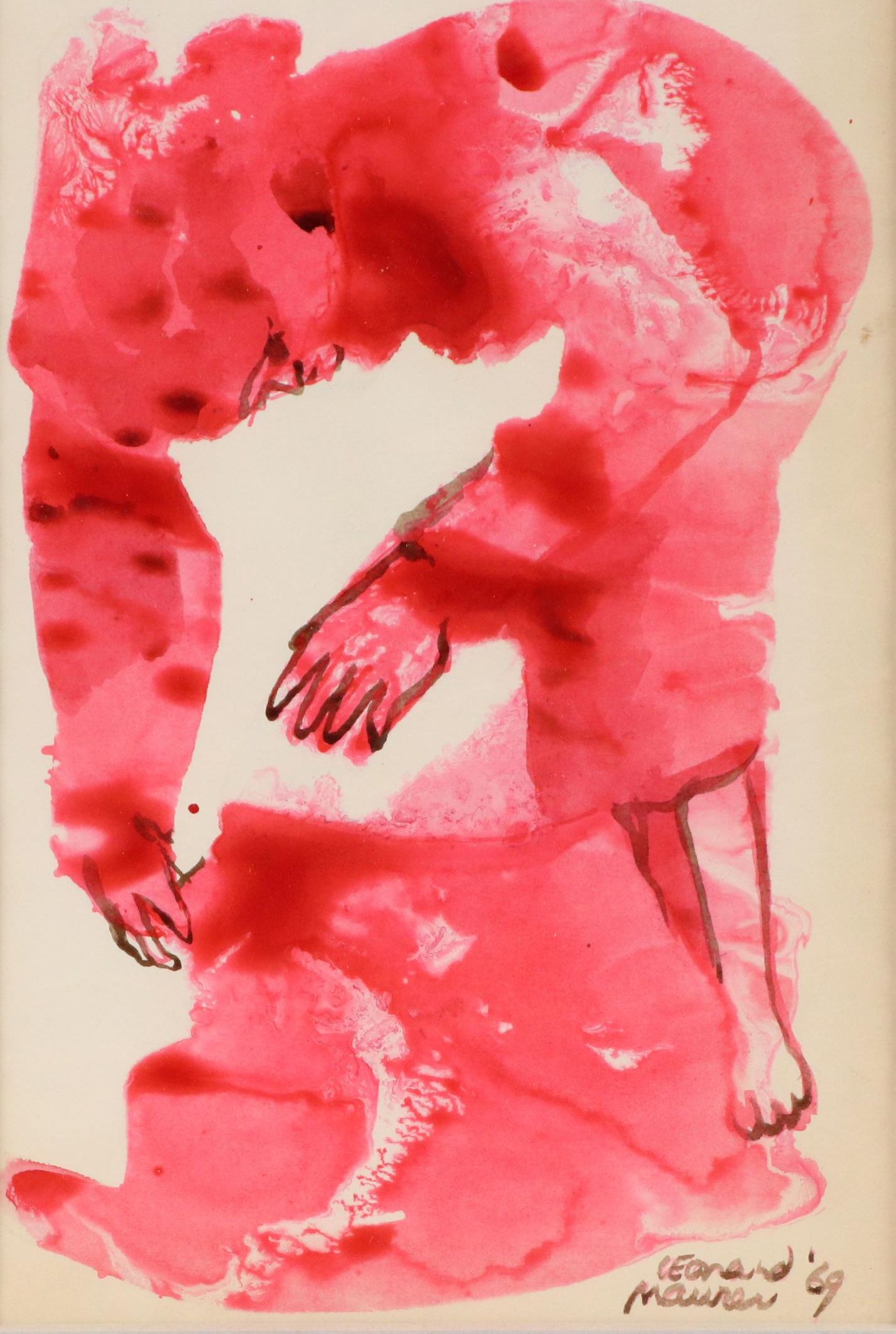 Leonard Maurer Modern Figural Ink Wash Drawing "The Refugee," 1969