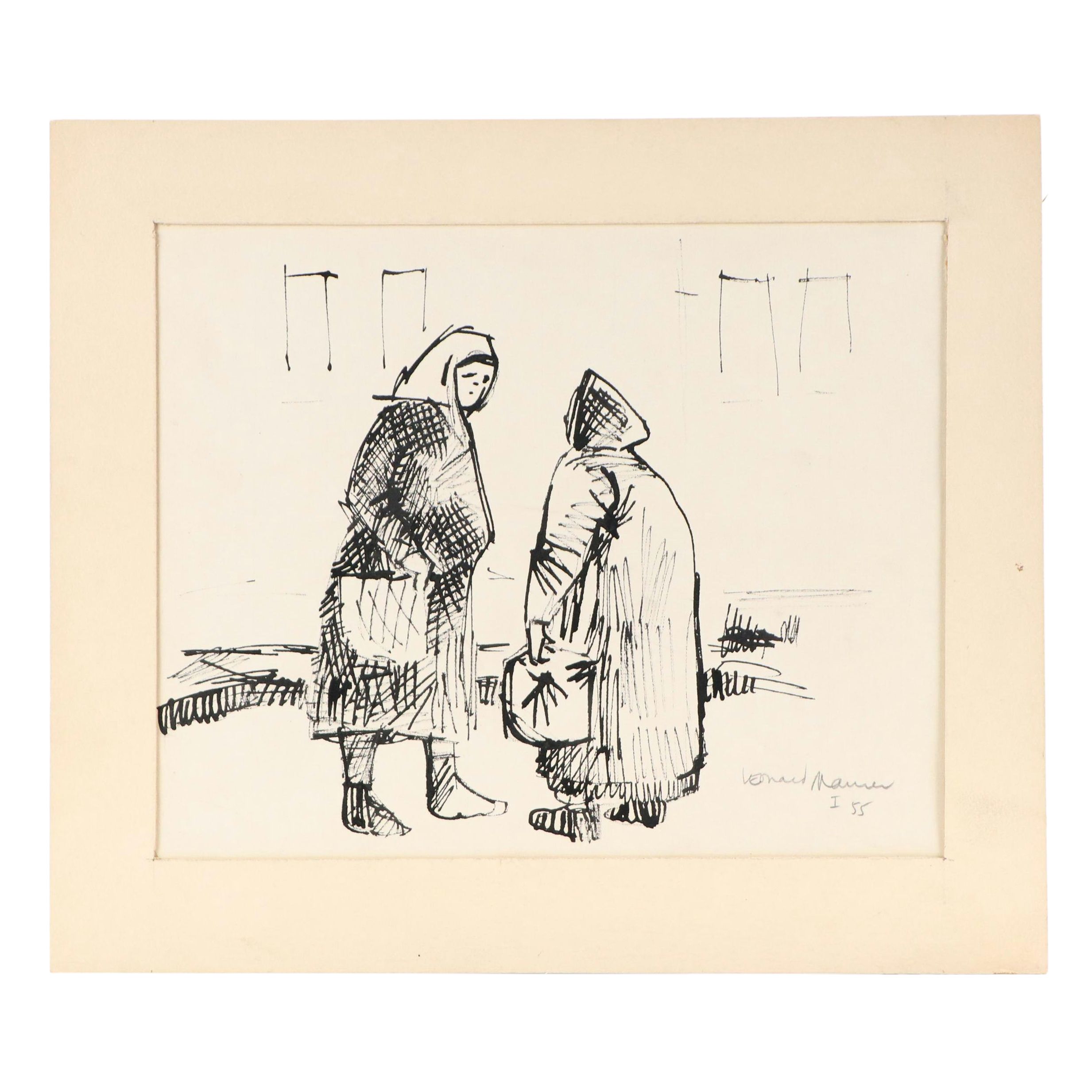 Leonard Maurer Modern Figural Ink Drawing, 1955
