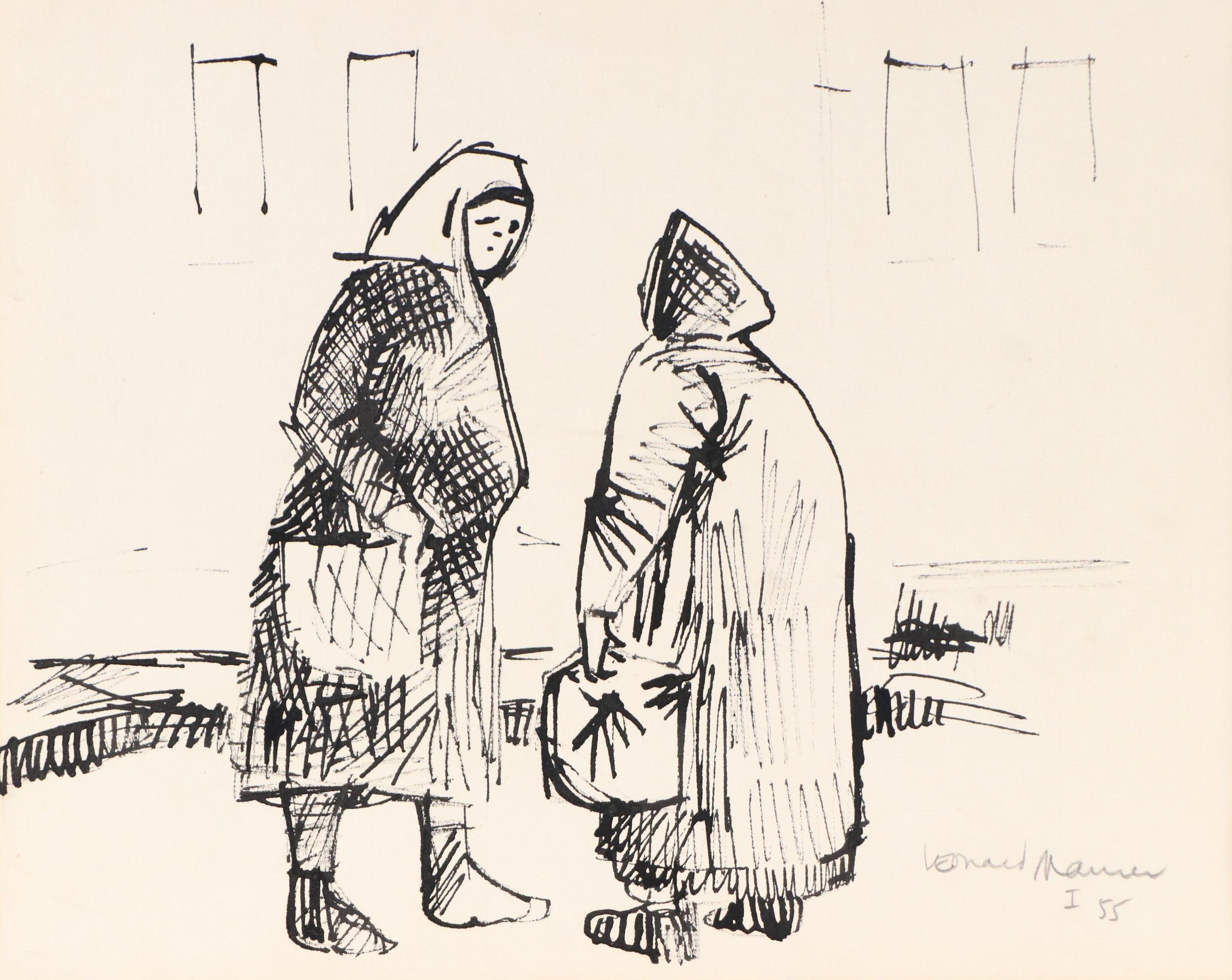 Leonard Maurer Modern Figural Ink Drawing, 1955