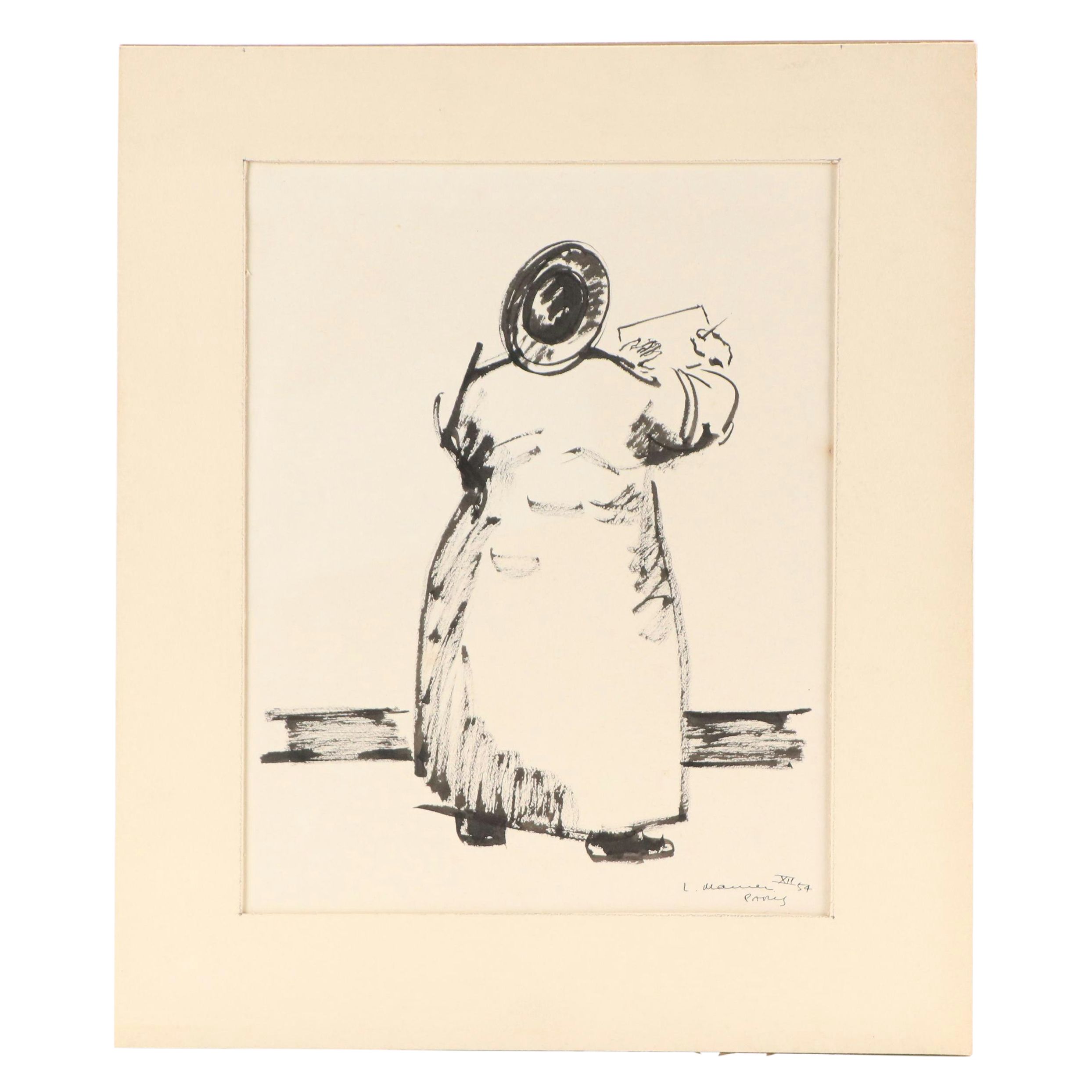 Leonard Maurer Modern Figural Ink Wash Painting "Paris," 1954