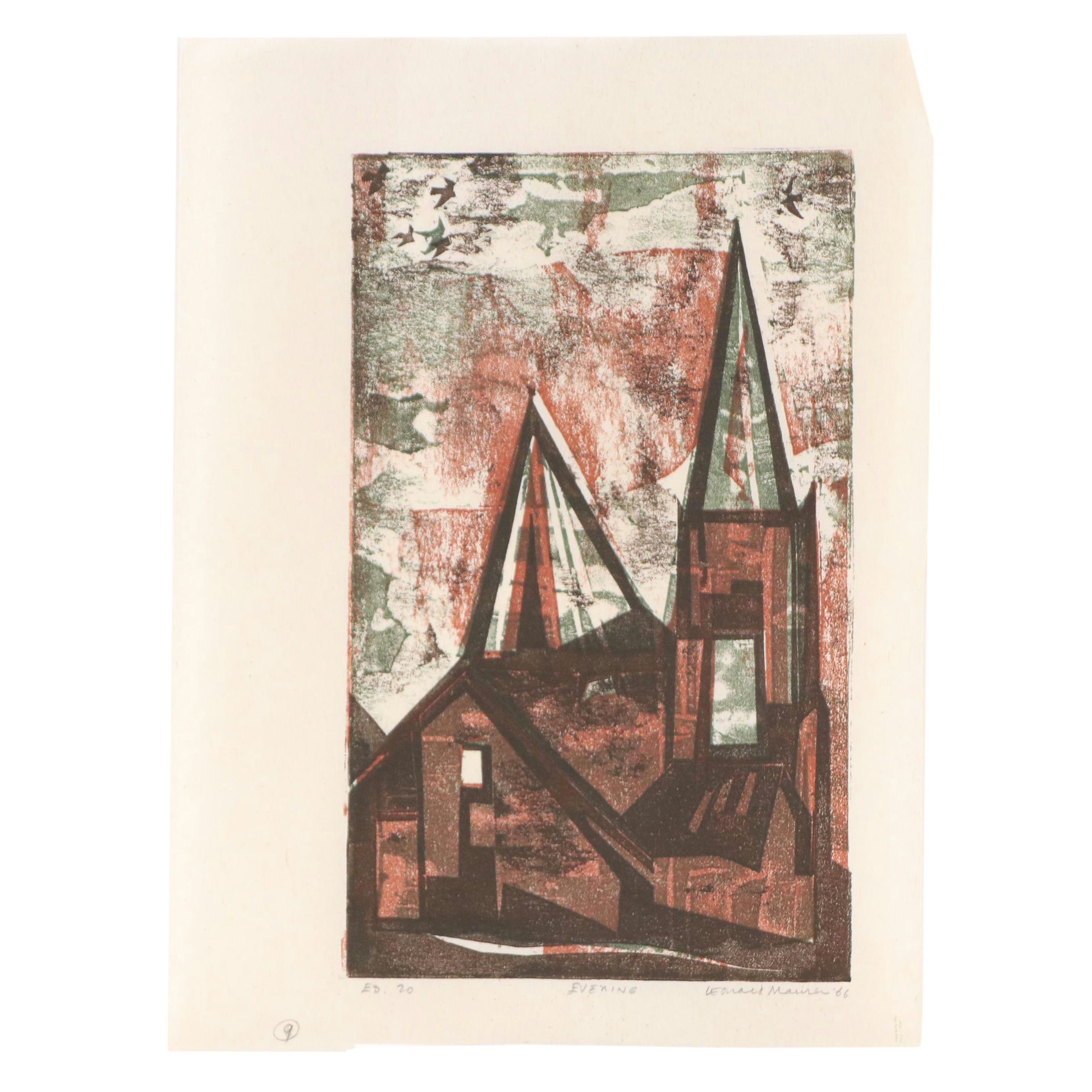 Leonard Maurer Modern Architectual Woodcut "Evening," 1966