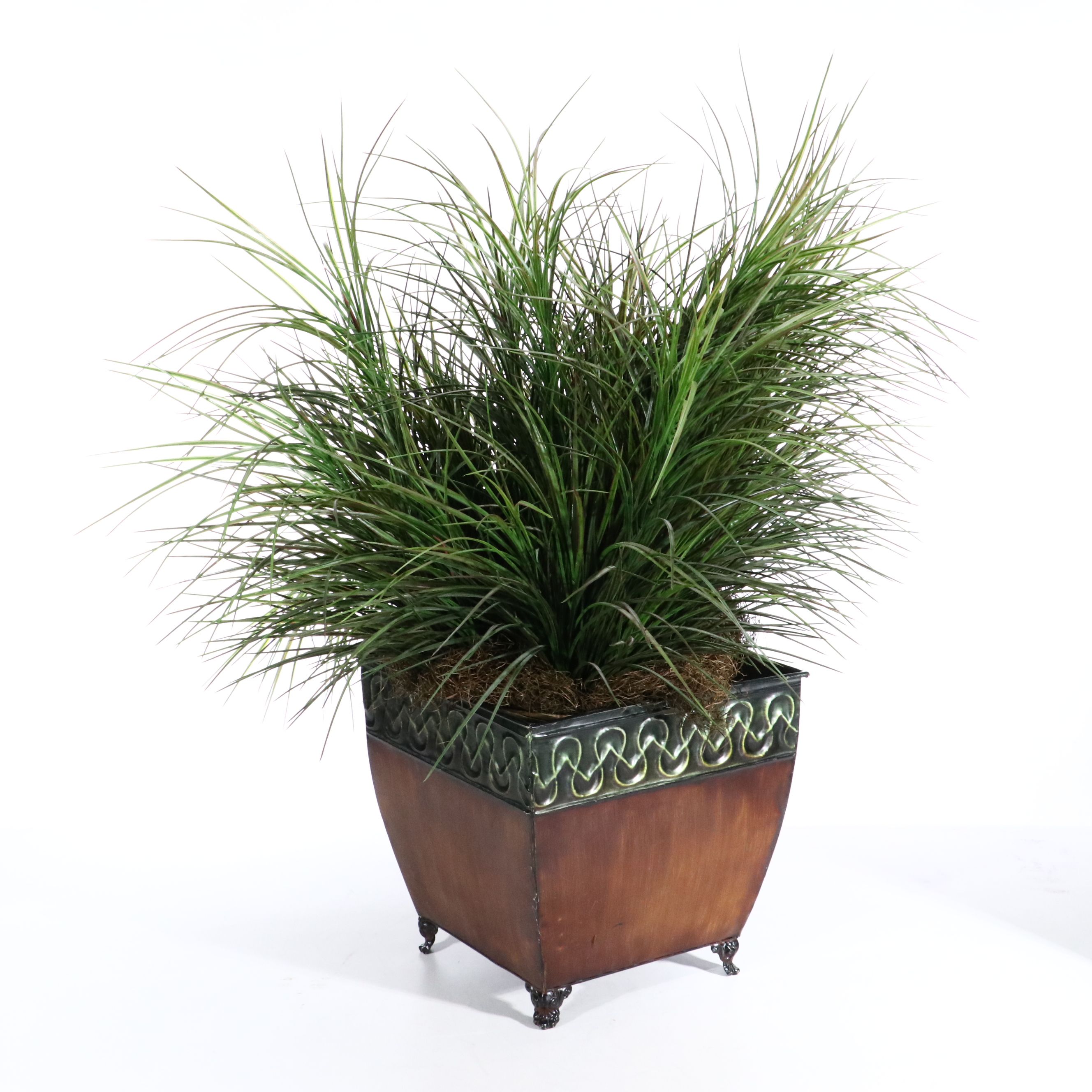 Artificial Grass in Ashland Metal Planter with Large Wooden Gourd Vase