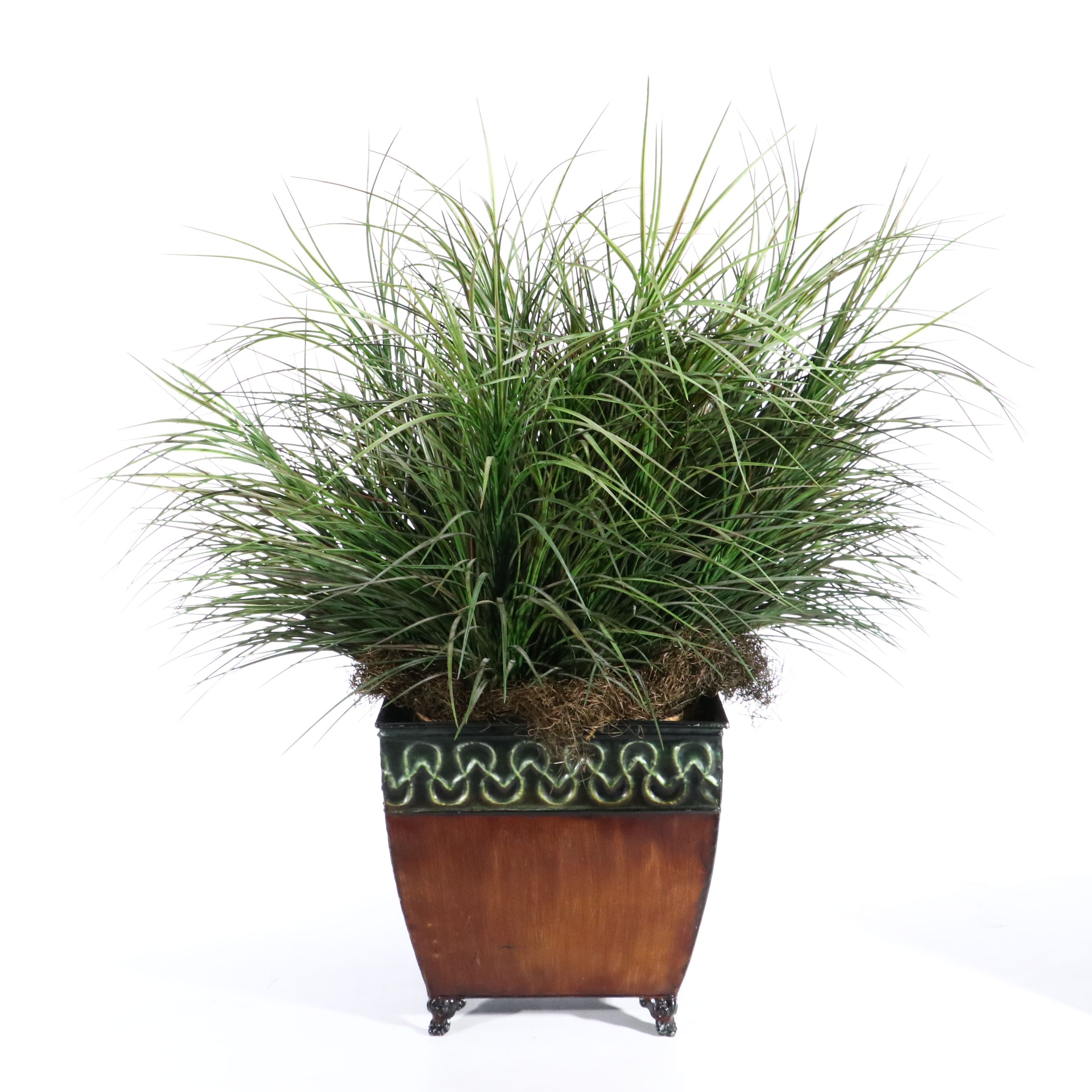 Artificial Grass in Ashland Metal Planter with Large Wooden Gourd Vase