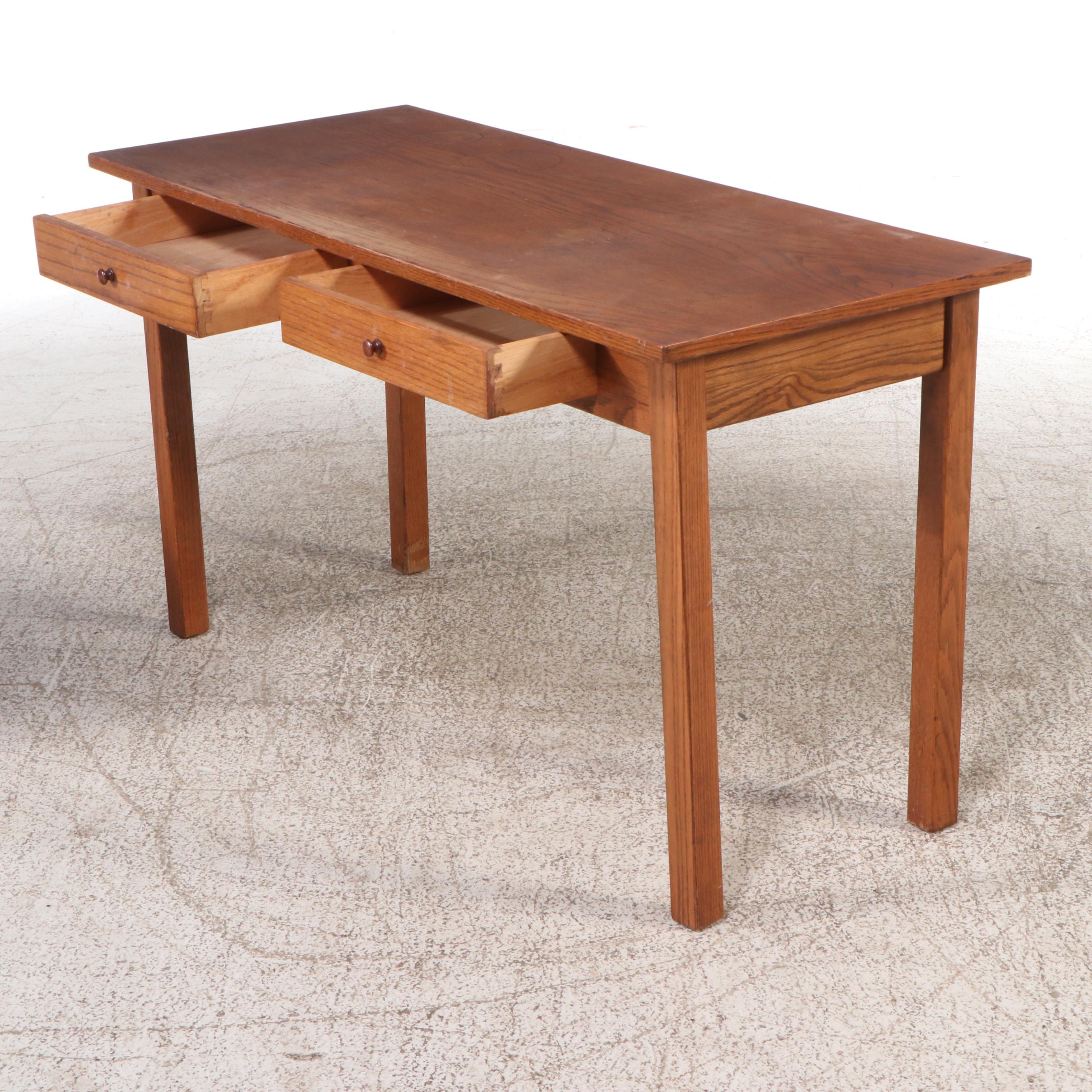 Oak Two-Drawer Writing Table with Upholstered Stool, 20th Century