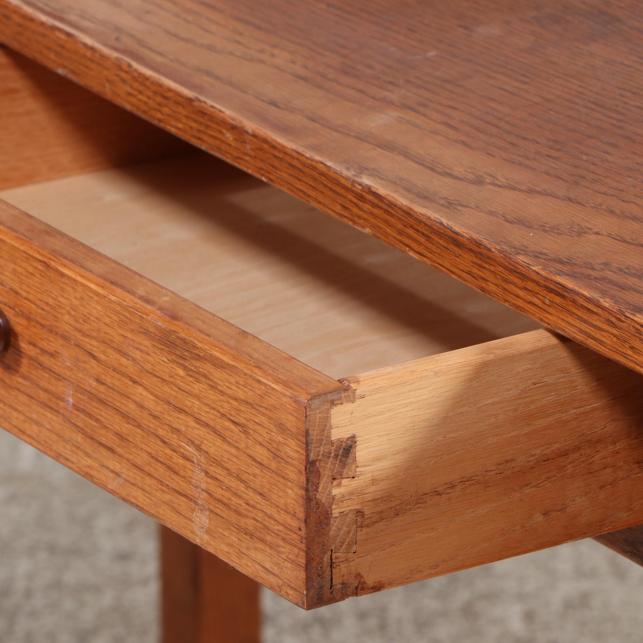 Oak Two-Drawer Writing Table with Upholstered Stool, 20th Century