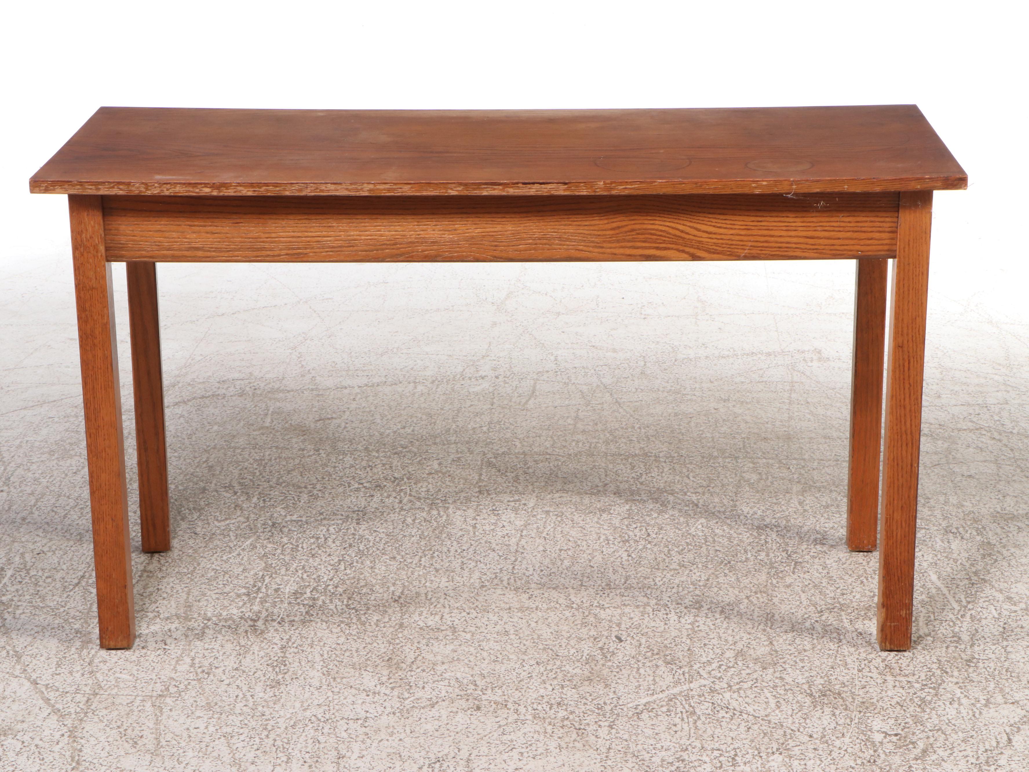 Oak Two-Drawer Writing Table with Upholstered Stool, 20th Century