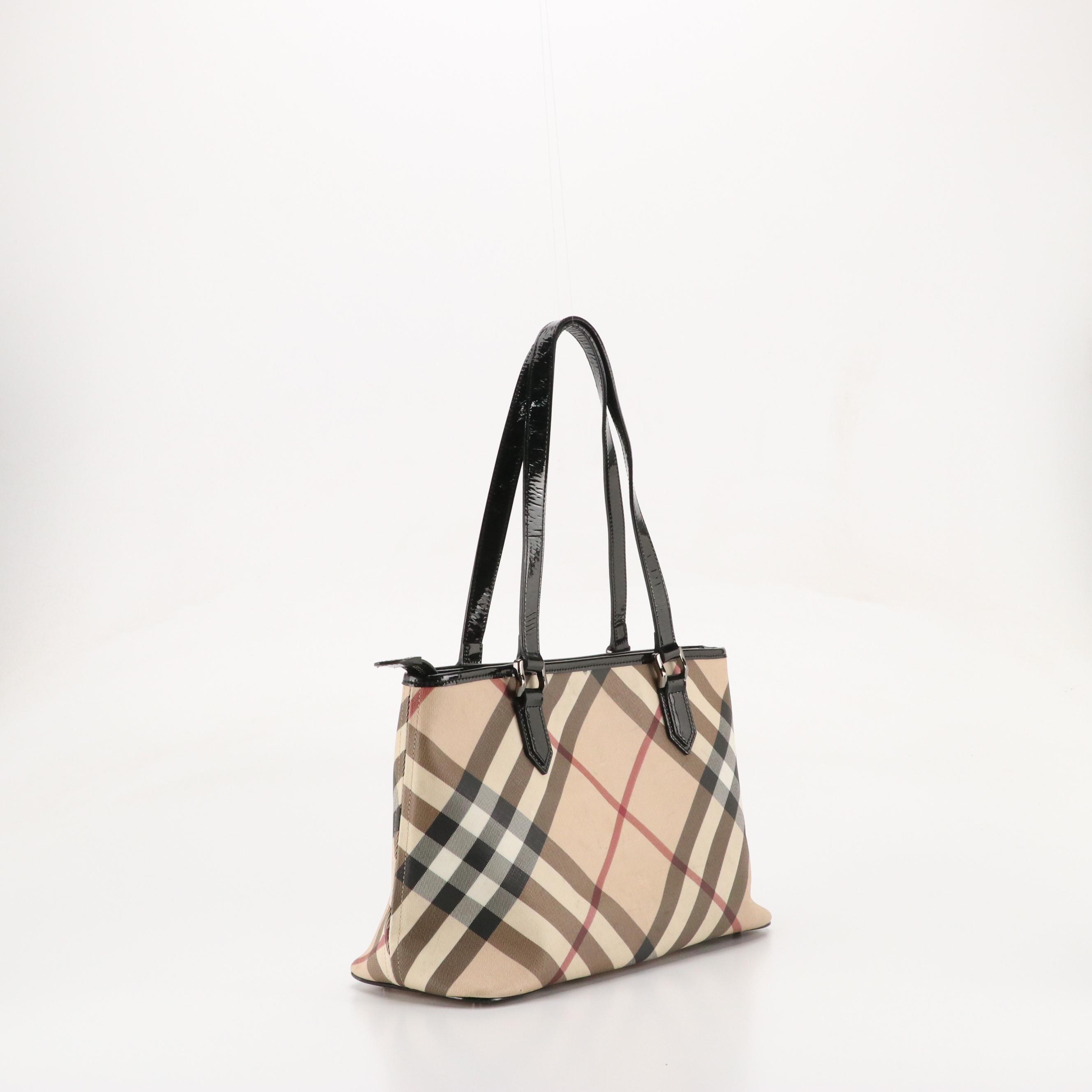 Burberry Regent Shoulder Bag in Nova Check Coated Canvas & Black Patent Leather