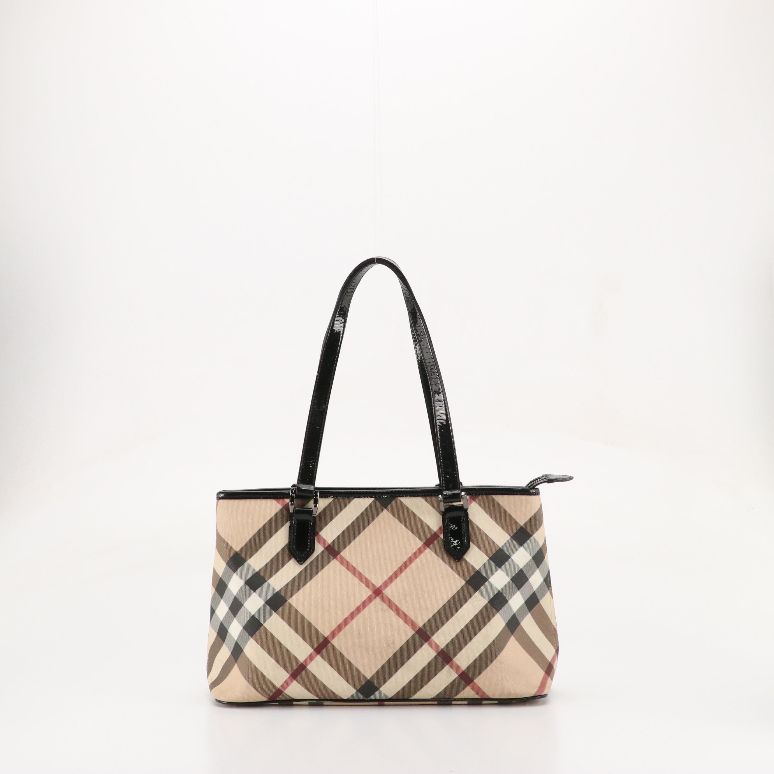 Burberry Regent Shoulder Bag in Nova Check Coated Canvas & Black Patent Leather