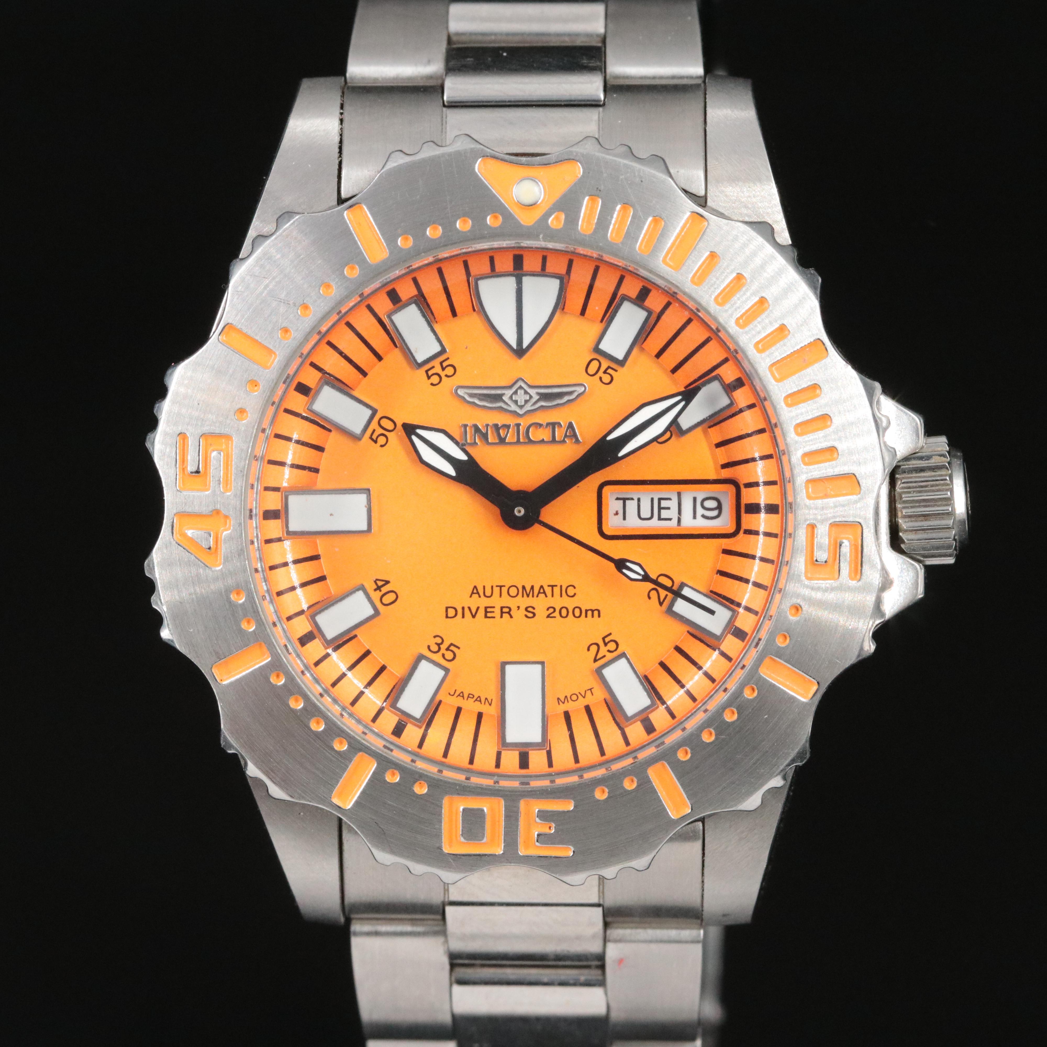 Invicta Orange Dial Stainless Steel Day-Date Divers 200m Watch