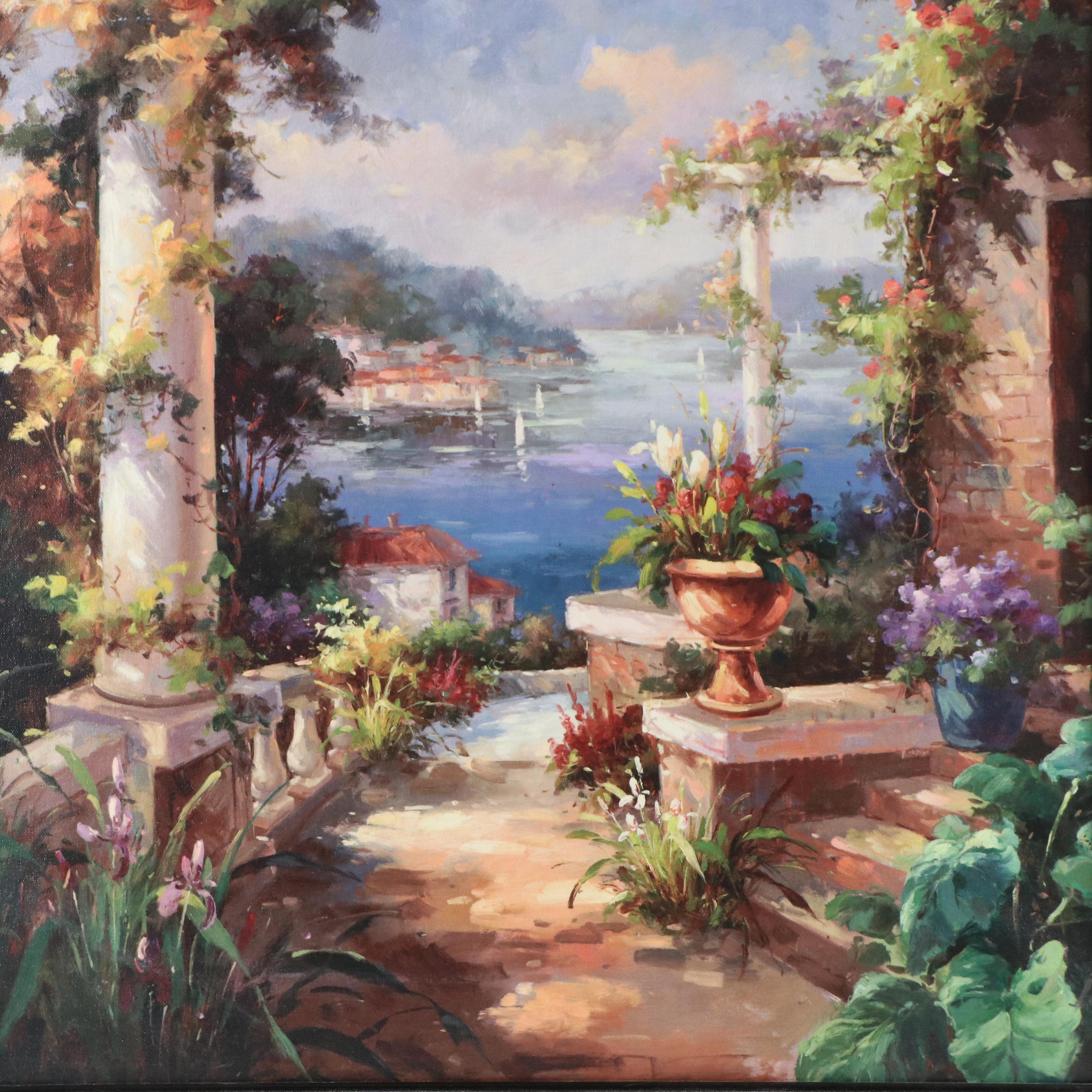 Offset Lithograph of Mediterranean Terrace with Flowers, 21st Century