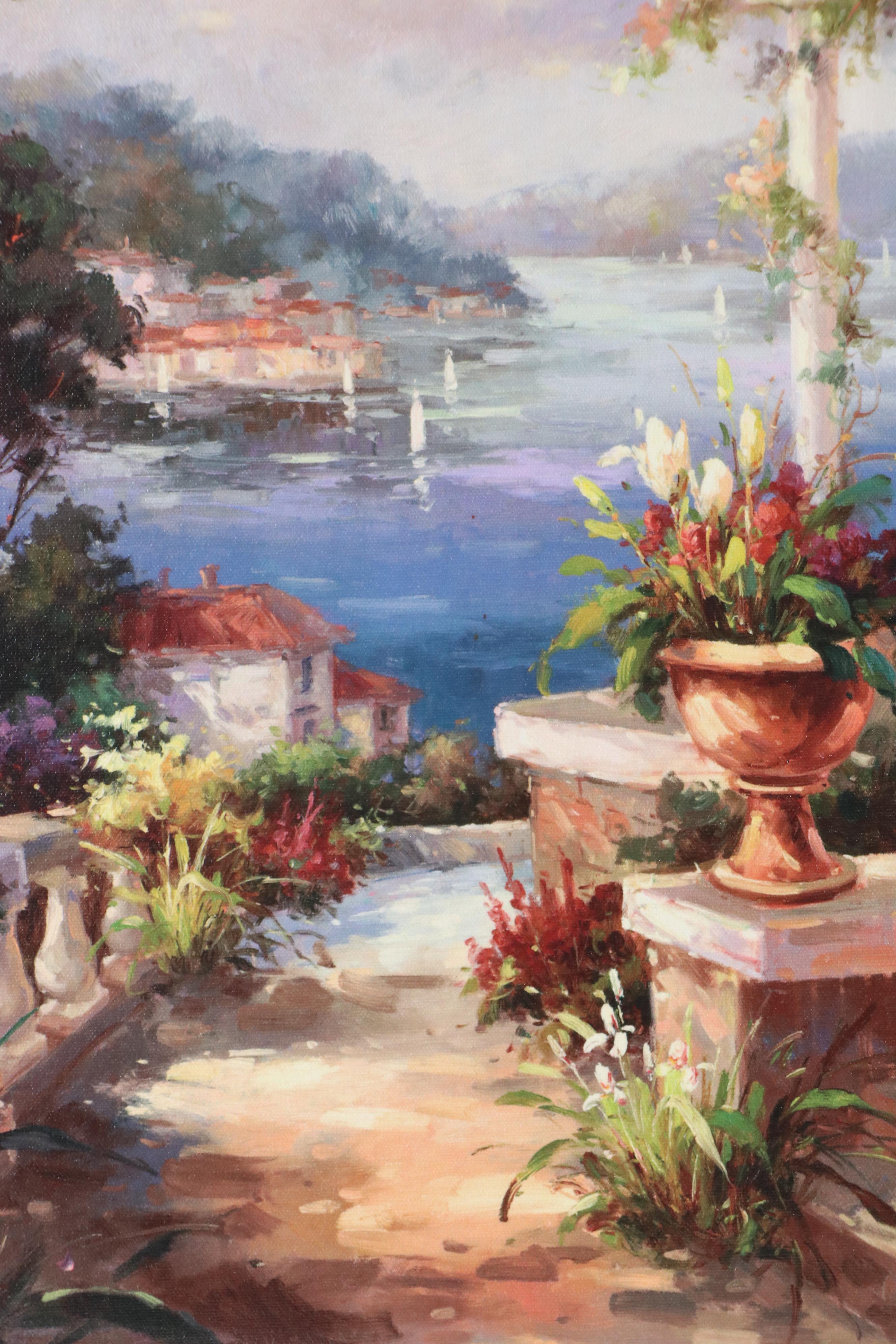 Offset Lithograph of Mediterranean Terrace with Flowers, 21st Century