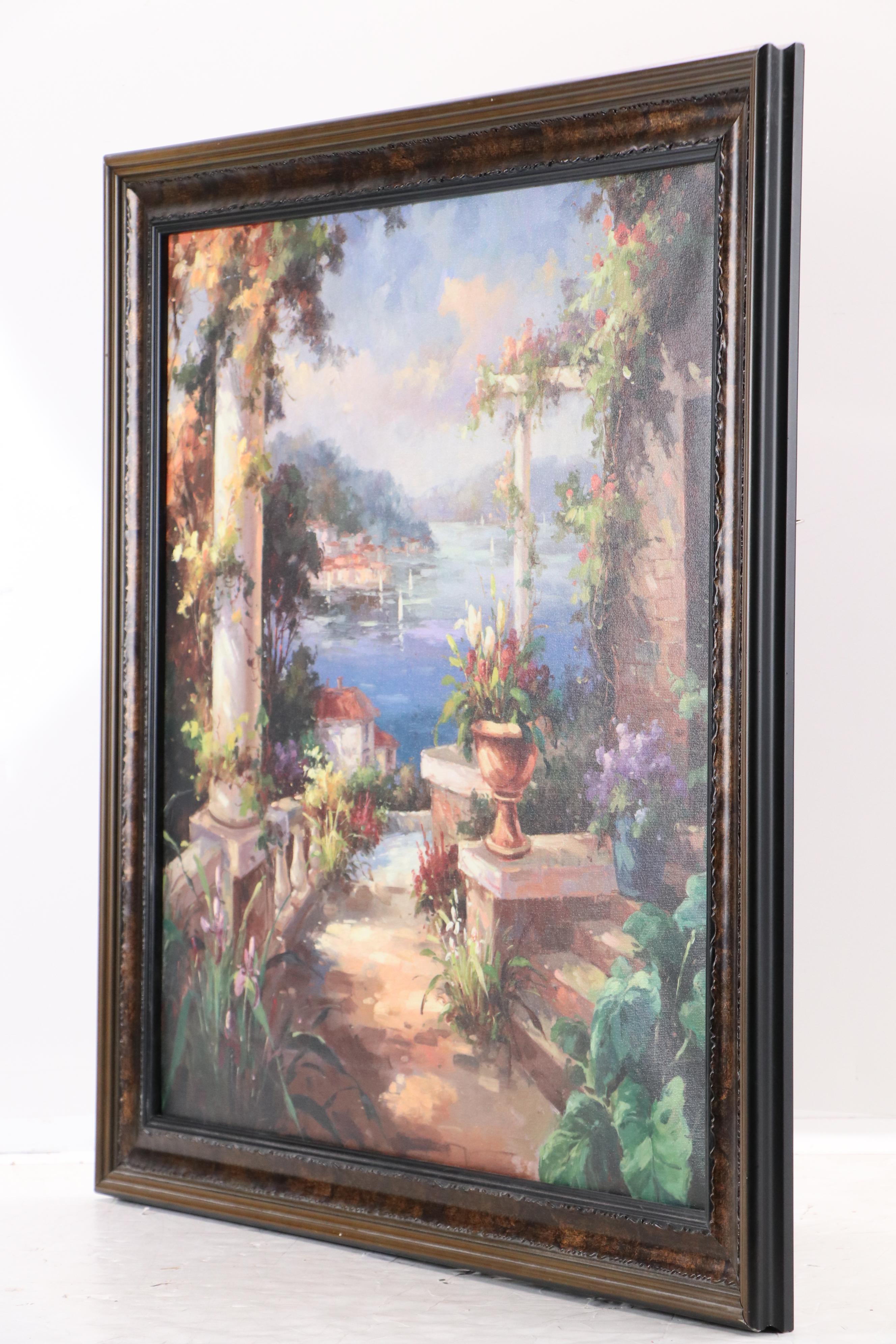 Offset Lithograph of Mediterranean Terrace with Flowers, 21st Century