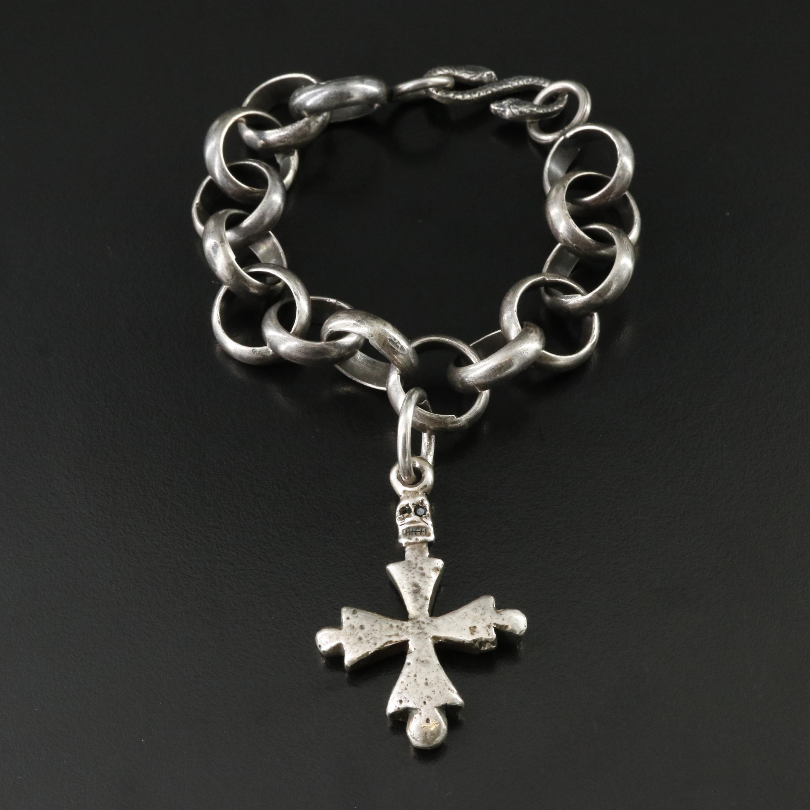 850 Silver Rolo Chain and Skull & Cross Charm Bracelet with Spinel Eyes