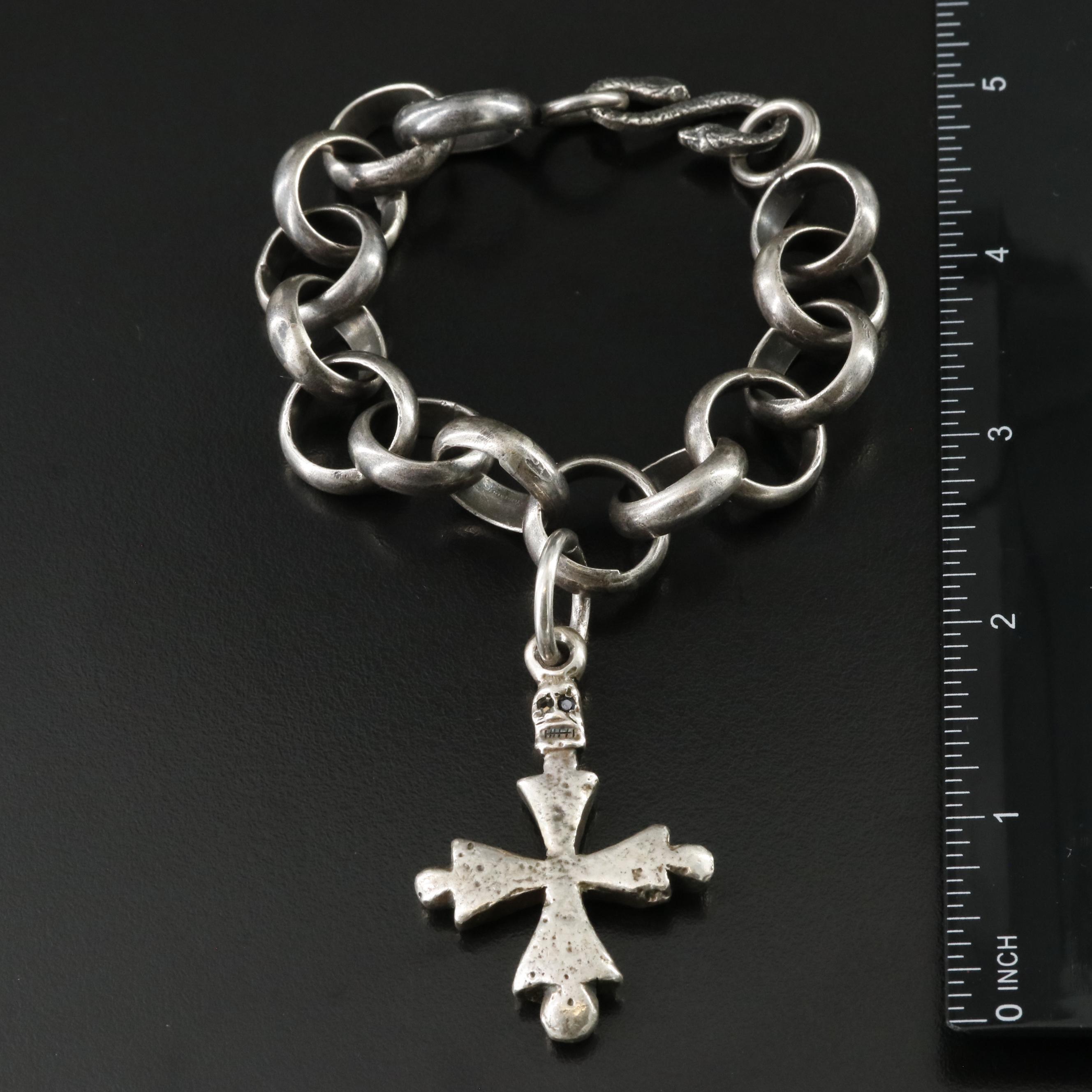 850 Silver Rolo Chain and Skull & Cross Charm Bracelet with Spinel Eyes