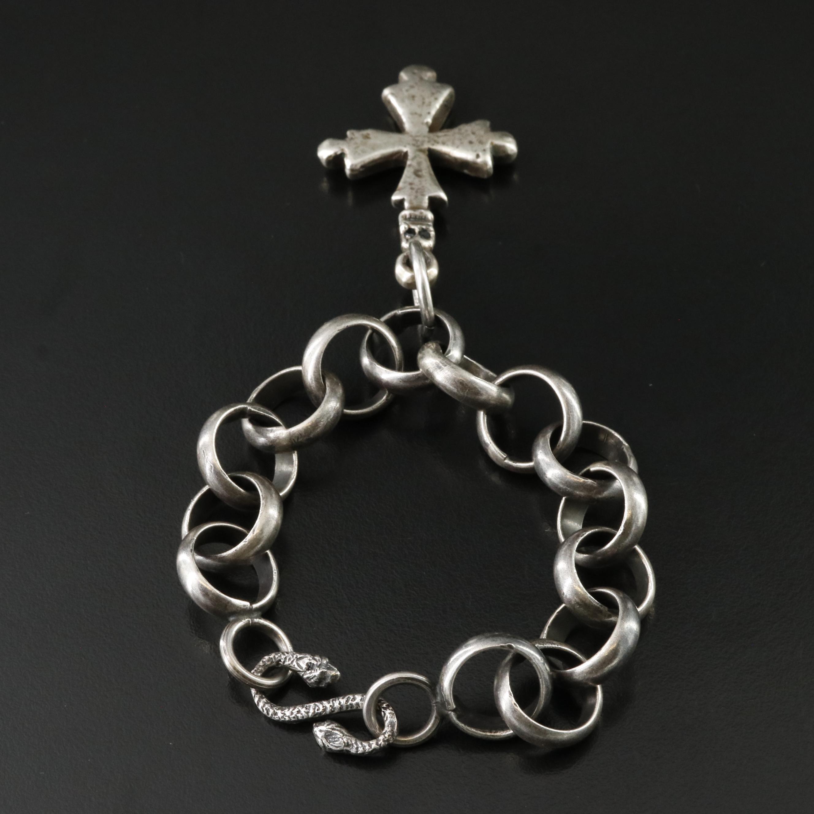 850 Silver Rolo Chain and Skull & Cross Charm Bracelet with Spinel Eyes
