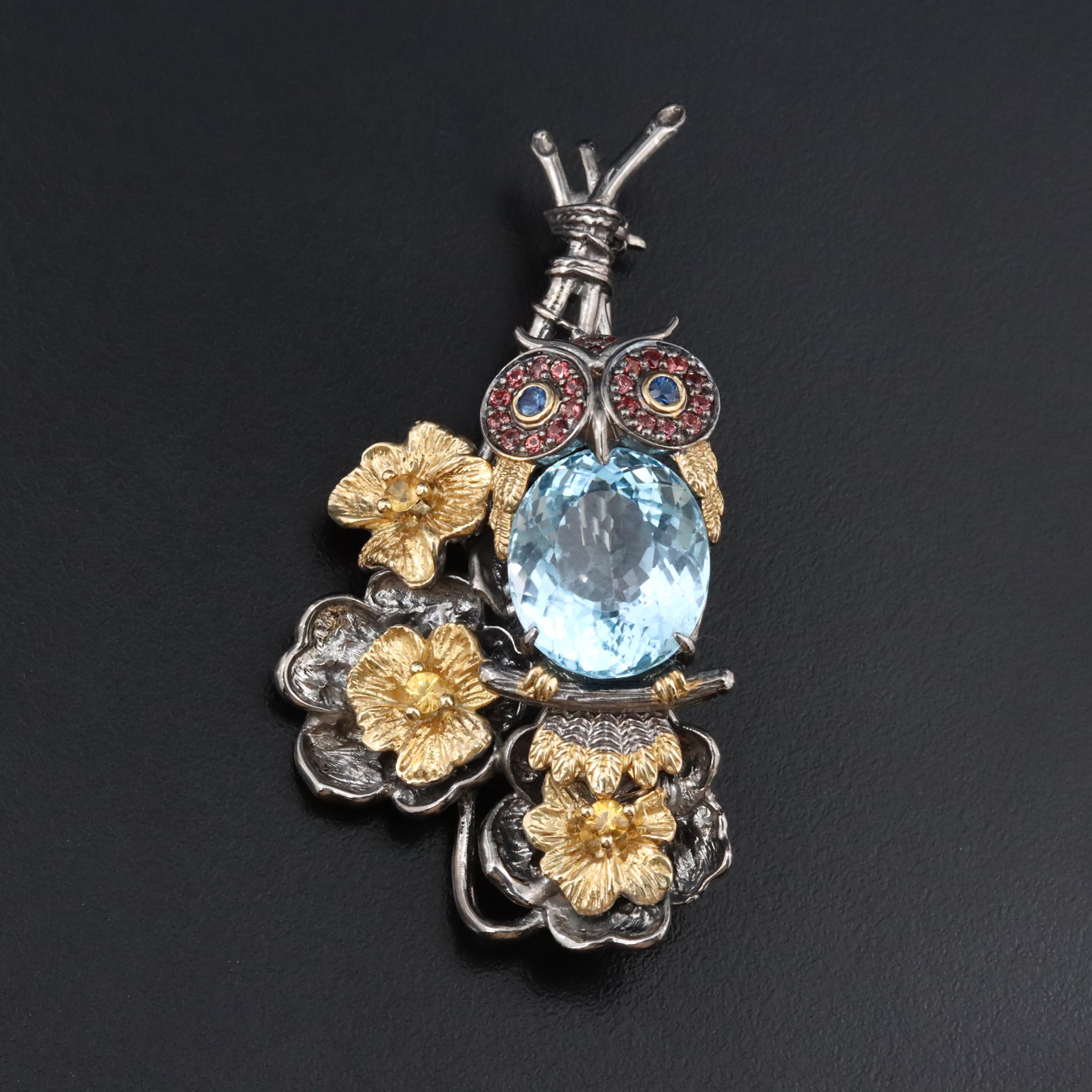Sterling Blue Topaz and Sapphire Owl Brooch