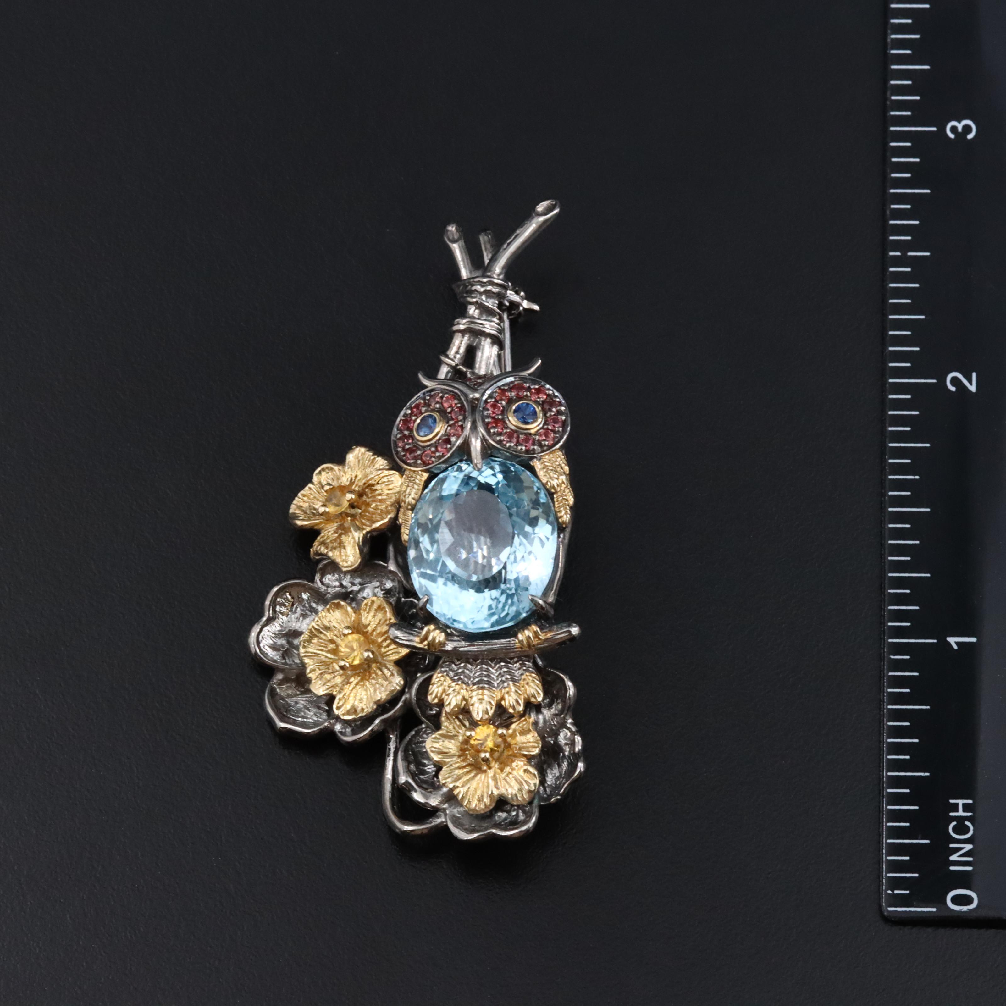 Sterling Blue Topaz and Sapphire Owl Brooch