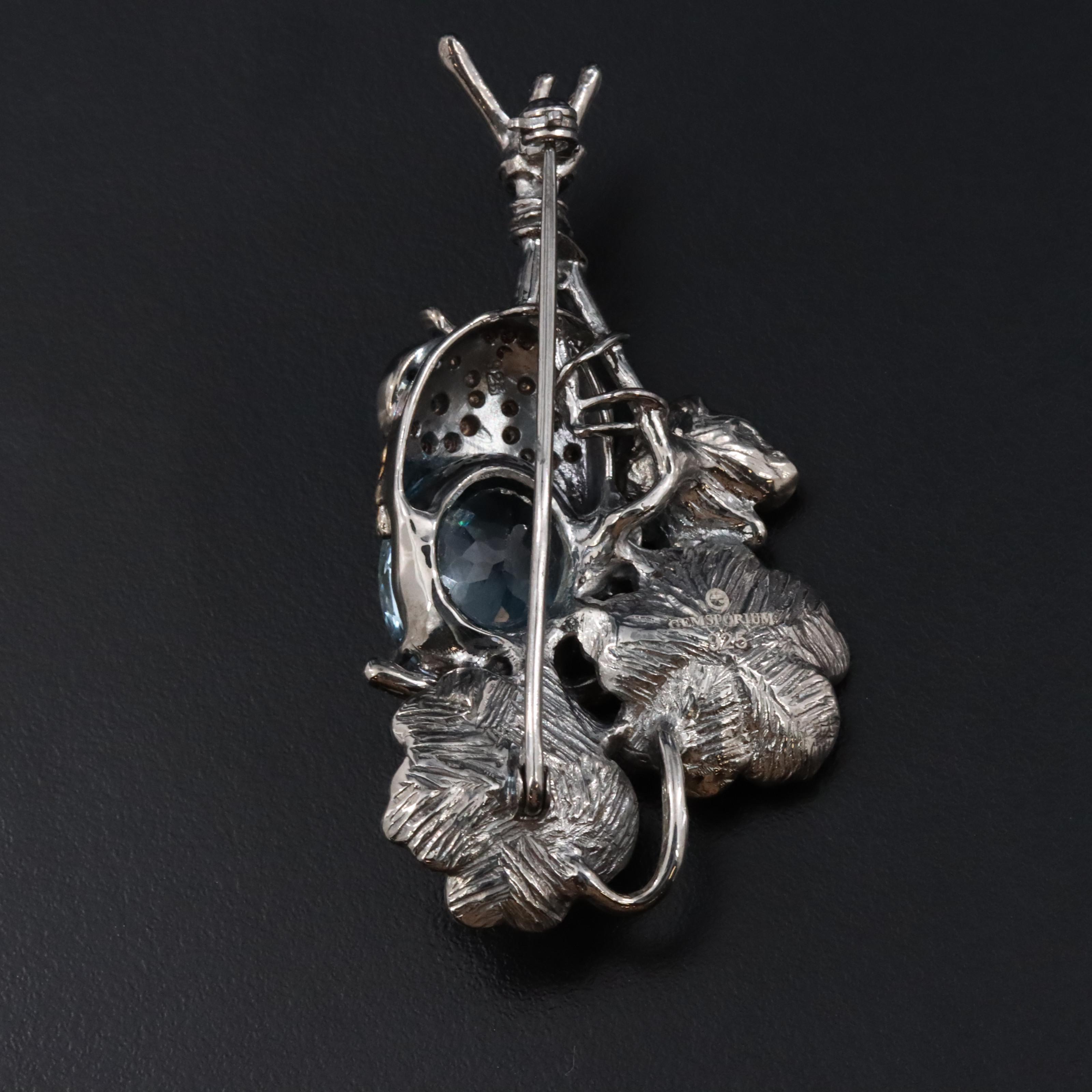 Sterling Blue Topaz and Sapphire Owl Brooch