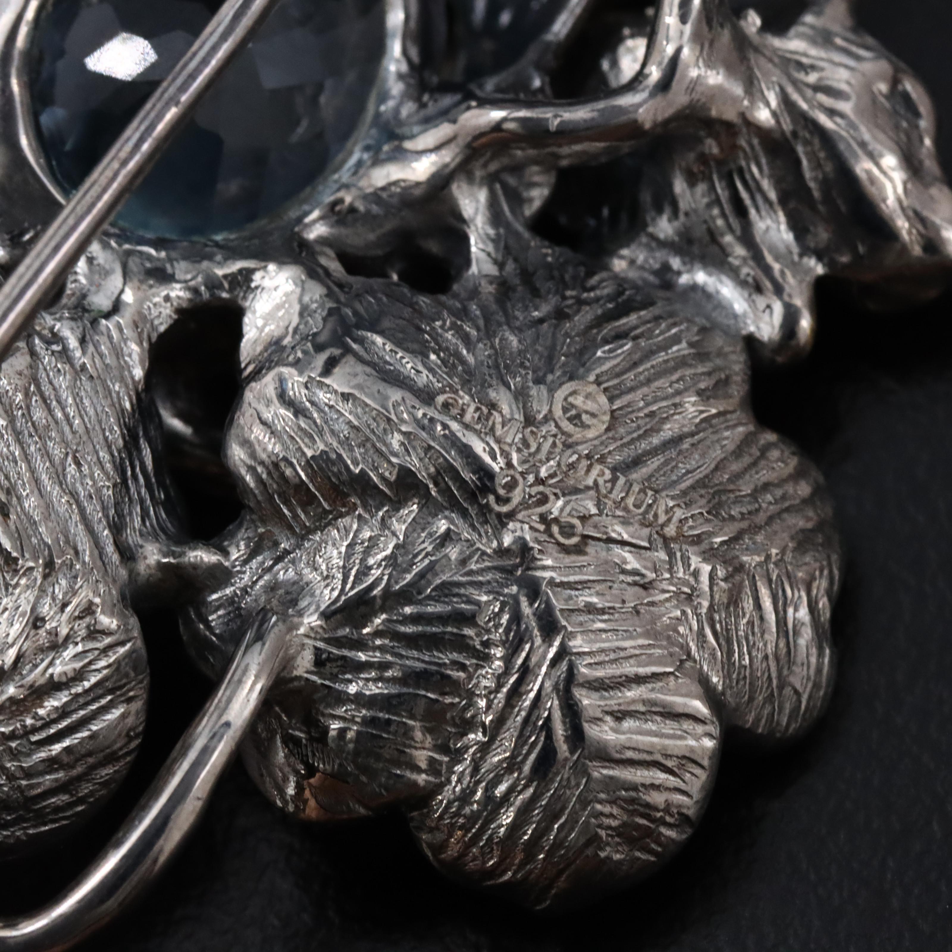 Sterling Blue Topaz and Sapphire Owl Brooch