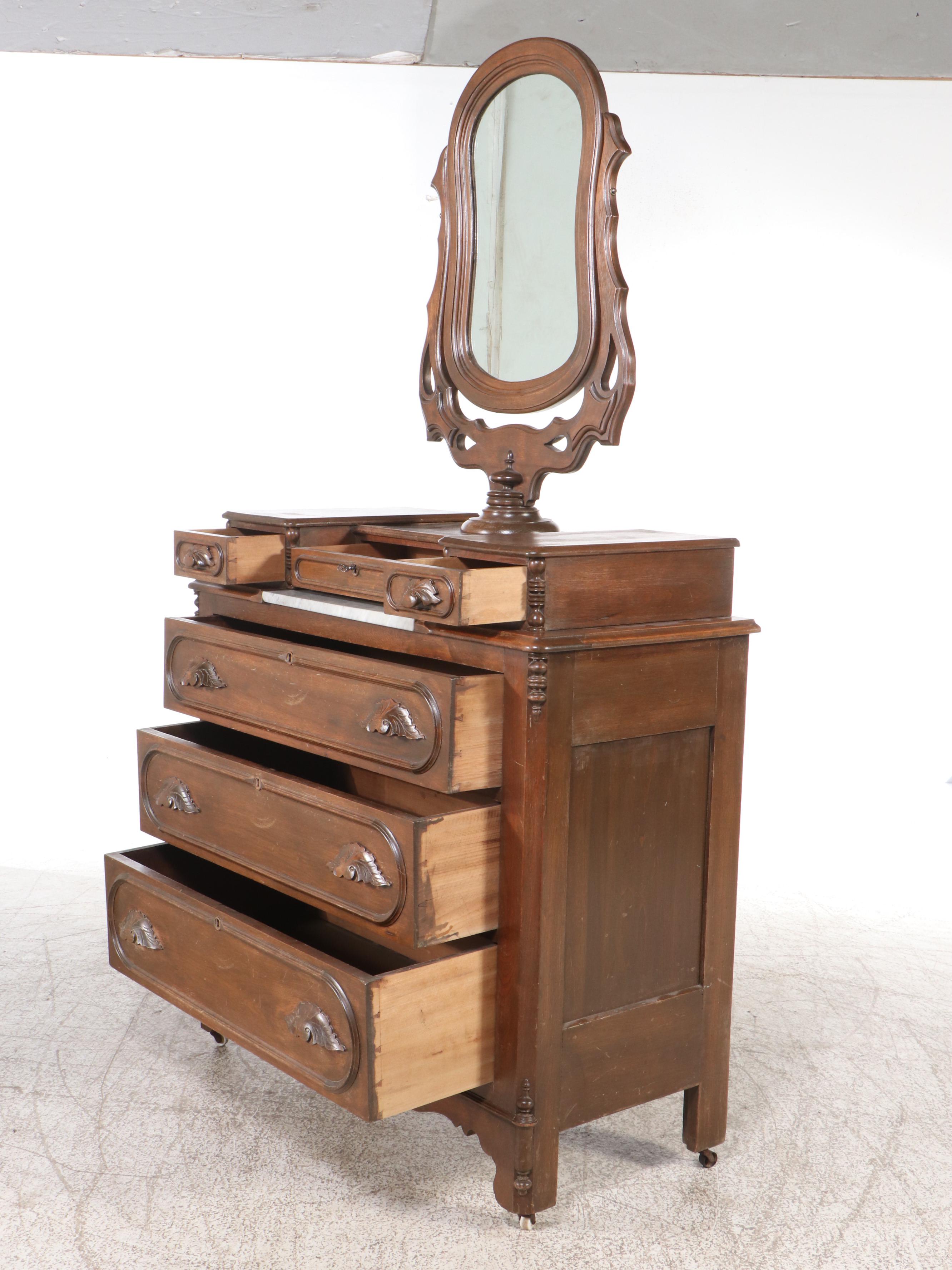 Victorian Walnut Men's Vanity and Dresser with Marble Slab