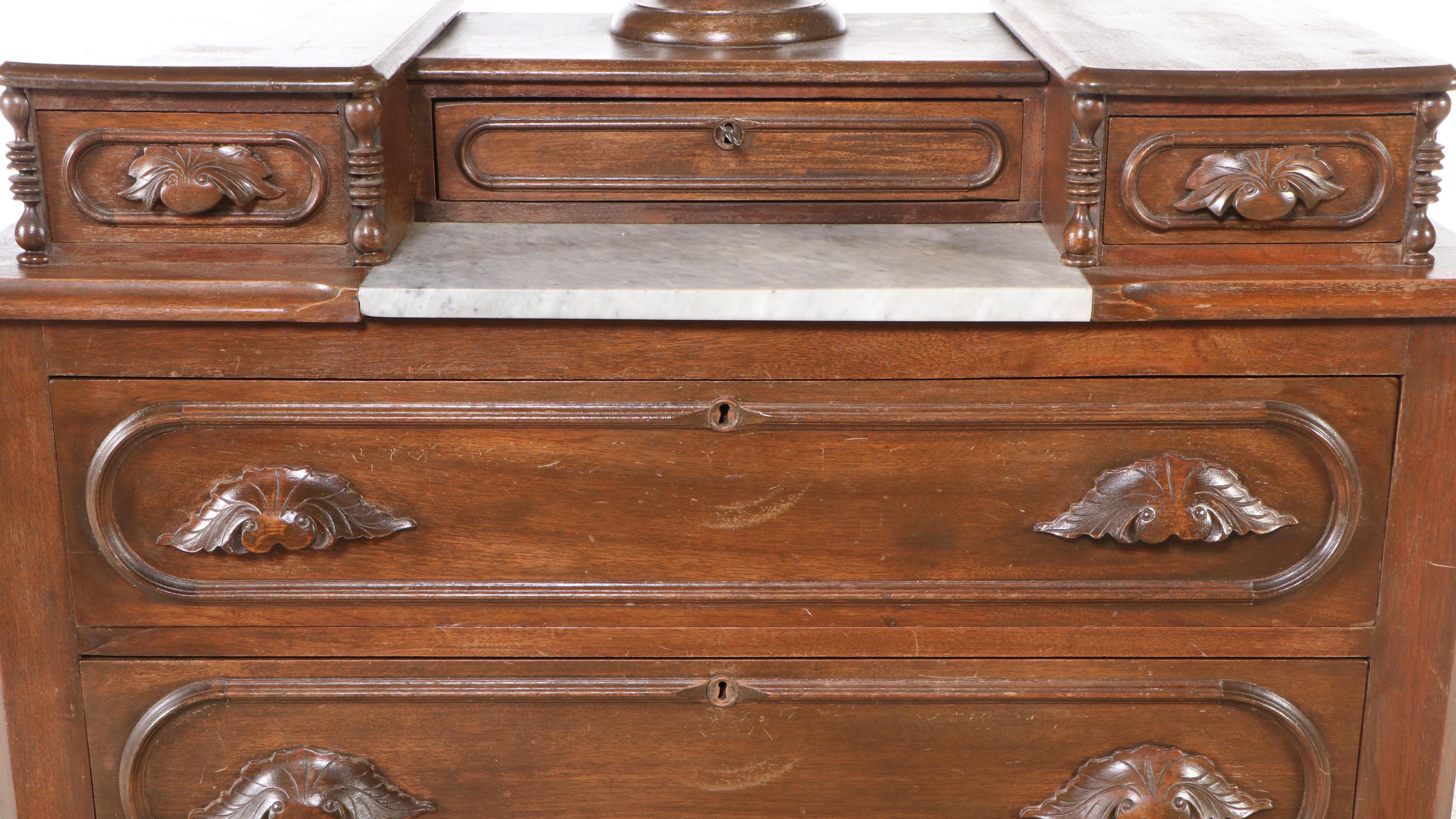 Victorian Walnut Men's Vanity and Dresser with Marble Slab