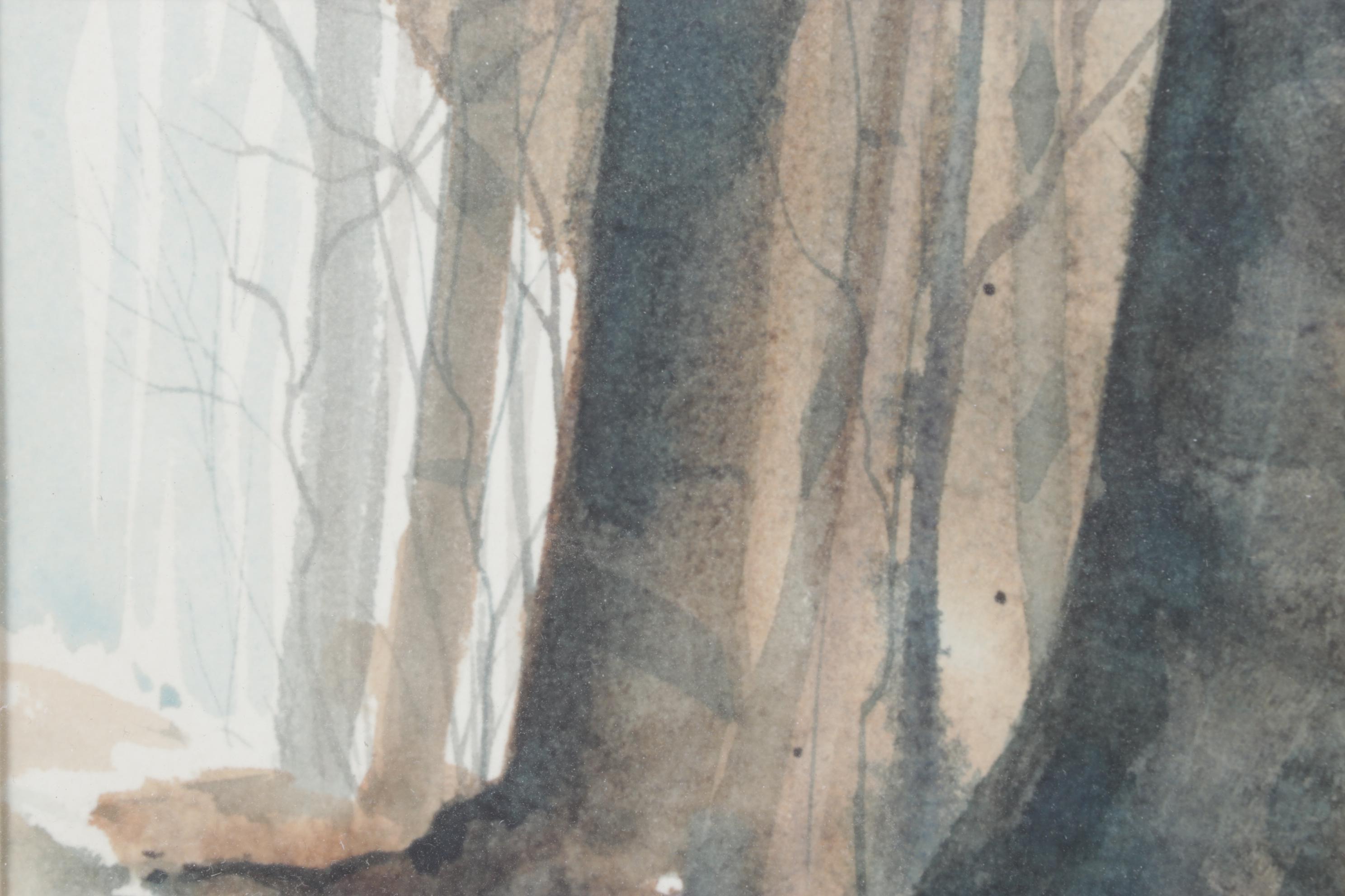 Lockyer Cool-Toned Watercolor Painting of Tree Roots in Winter Forest Landscape