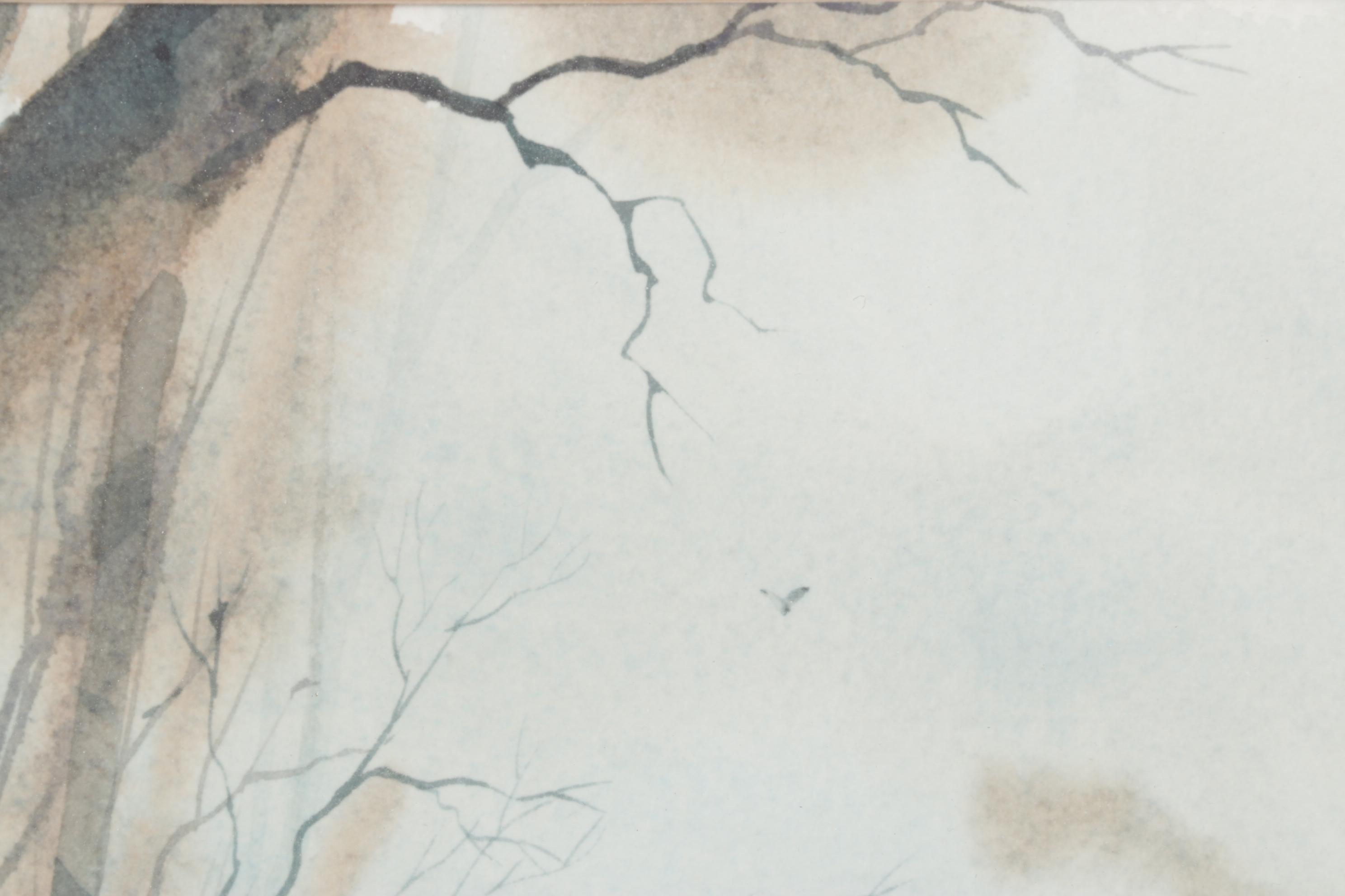 Lockyer Cool-Toned Watercolor Painting of Tree Roots in Winter Forest Landscape