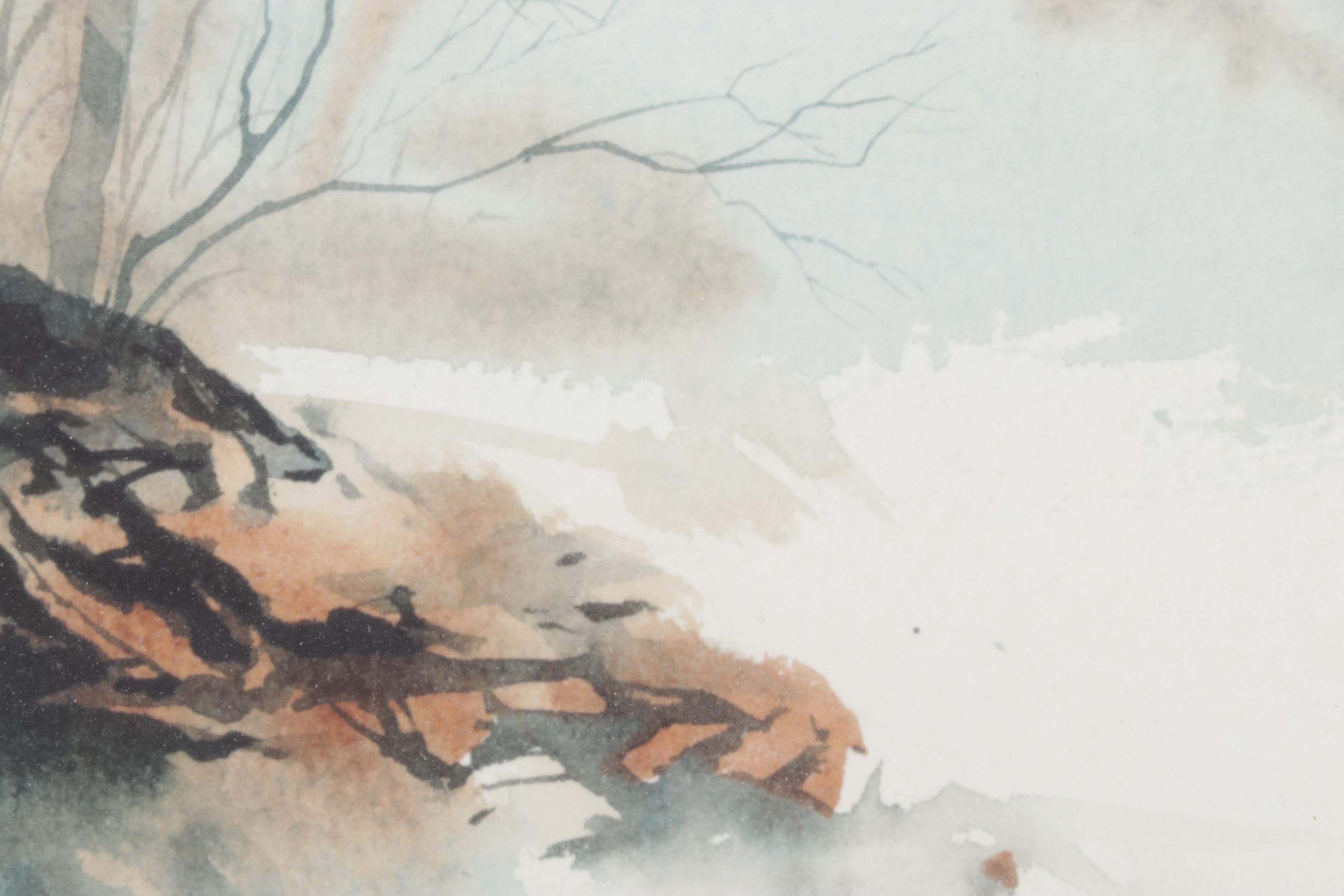 Lockyer Cool-Toned Watercolor Painting of Tree Roots in Winter Forest Landscape