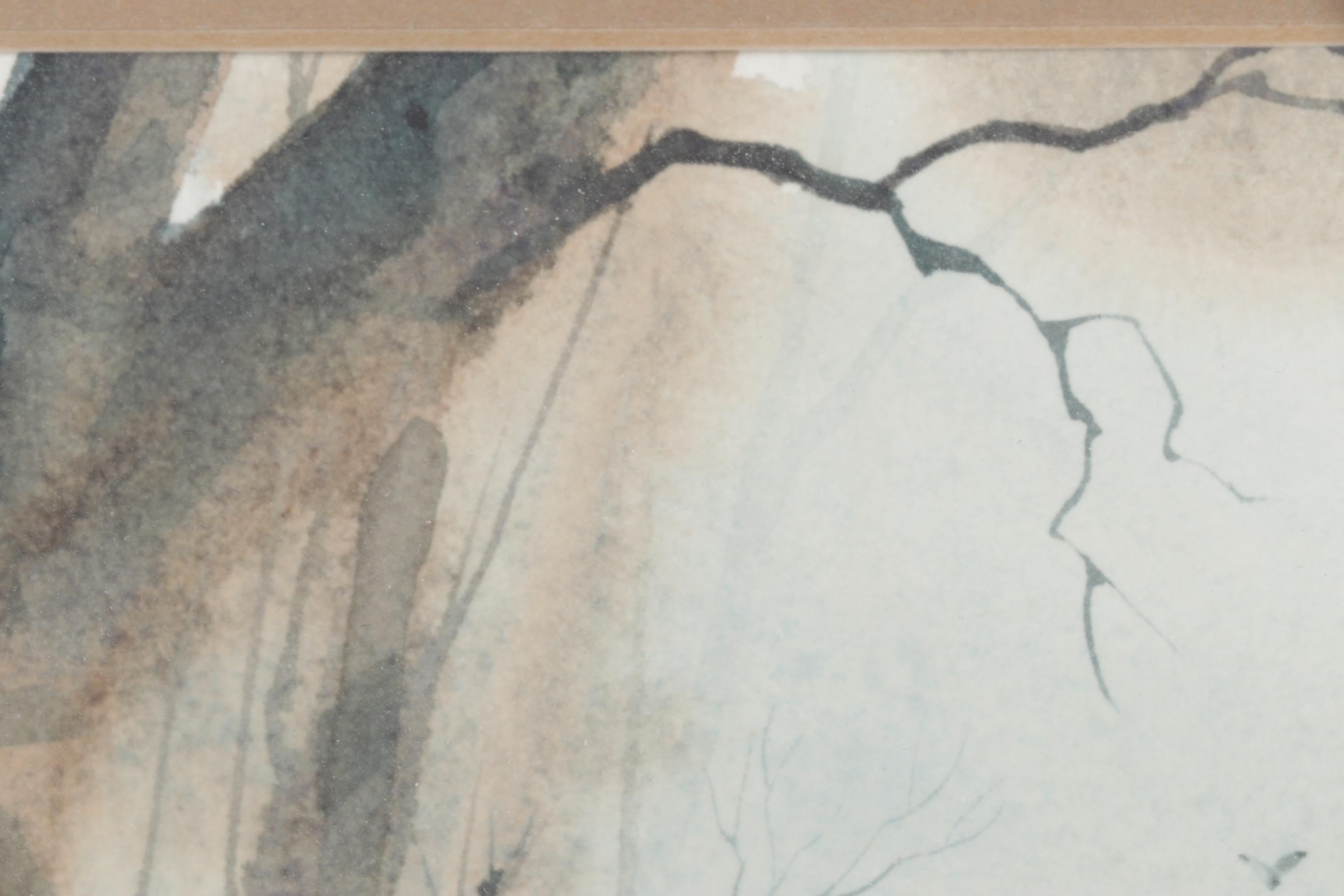 Lockyer Cool-Toned Watercolor Painting of Tree Roots in Winter Forest Landscape