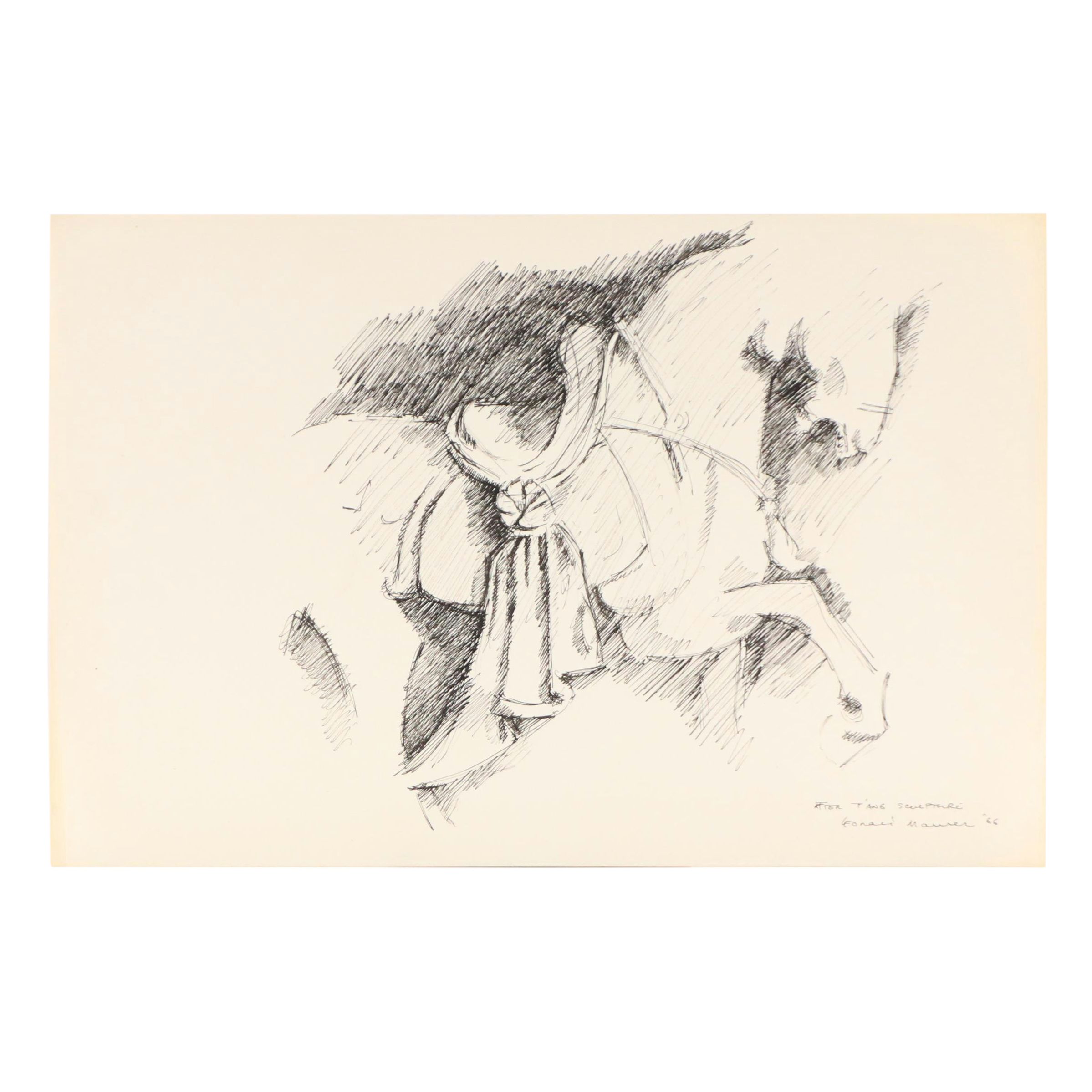 Leonard Maurer Modern Ink Drawing of Horse Sculpture, 1966