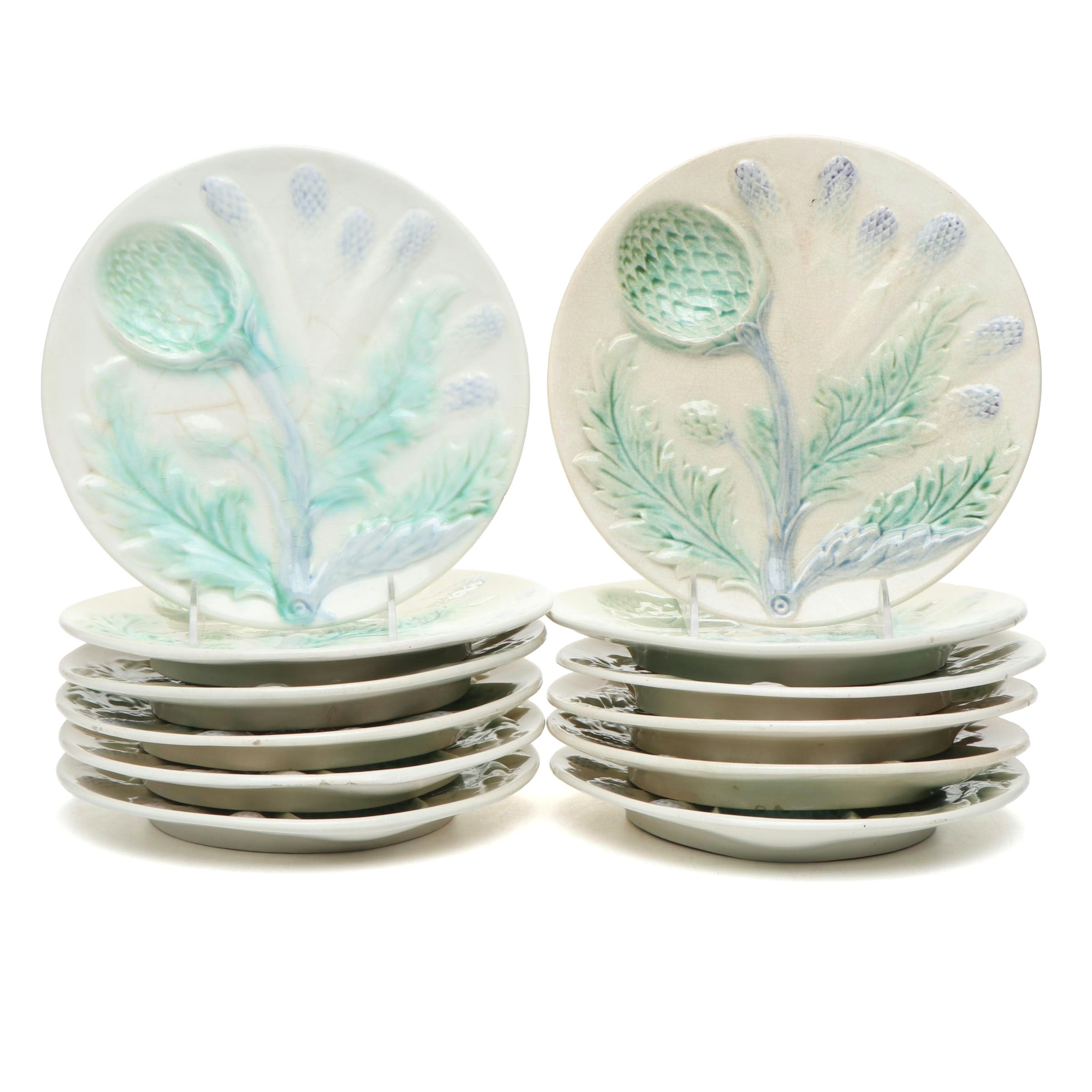 French Majolica Asparagus or Artichoke Plates, 19th Century