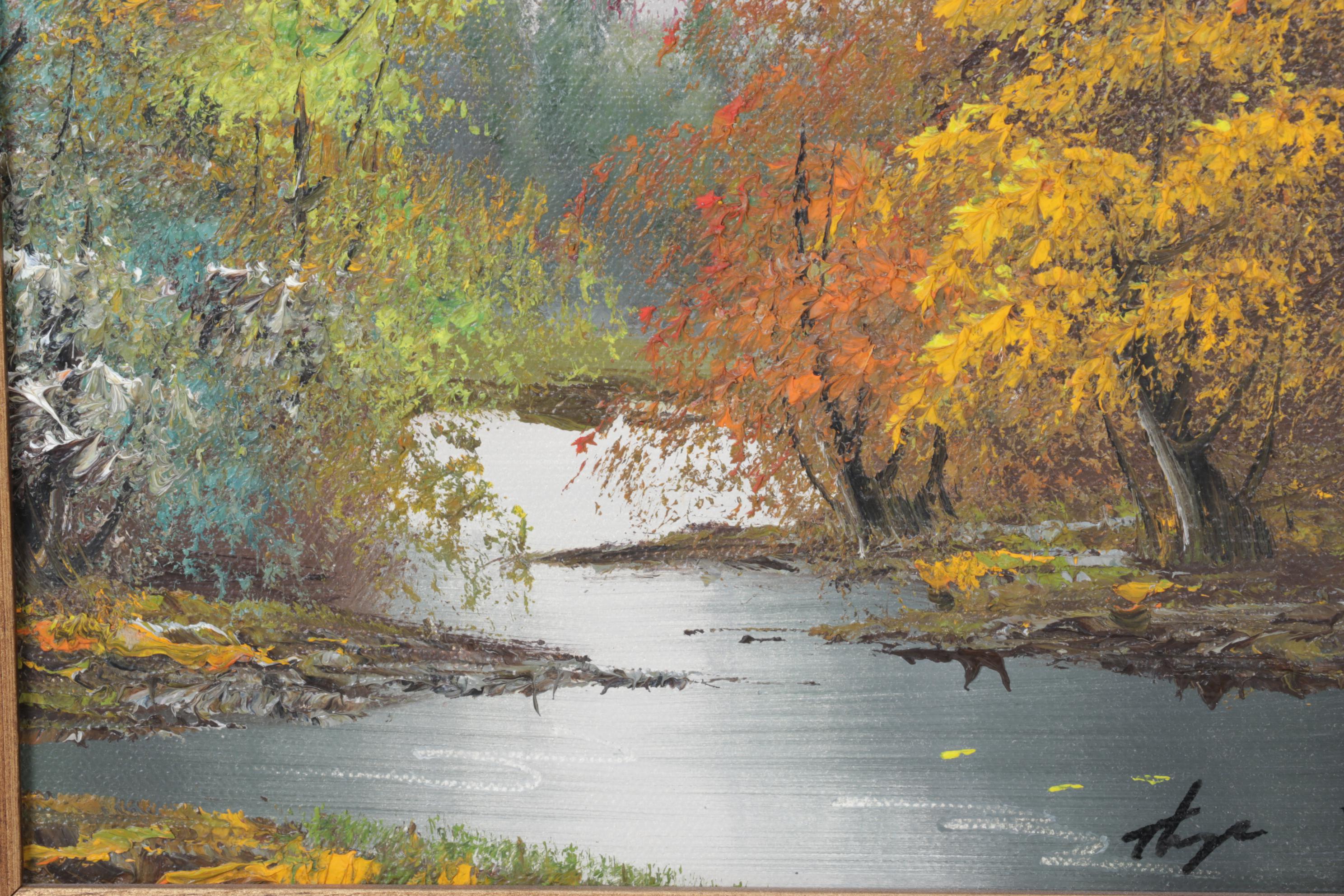 Thompson Impressionist Oil Painting of Autumn Trees on River, Late 20th Century