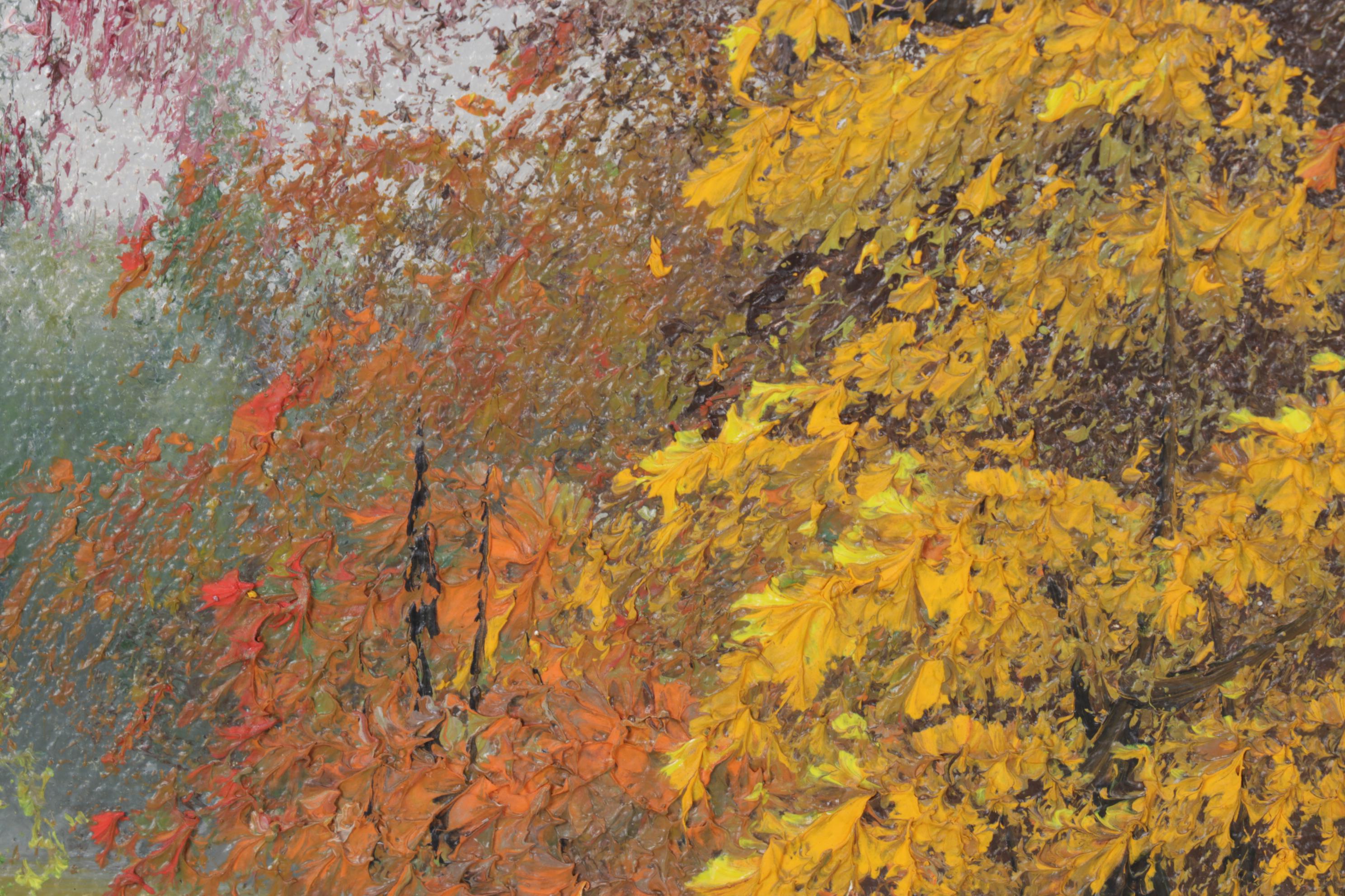 Thompson Impressionist Oil Painting of Autumn Trees on River, Late 20th Century
