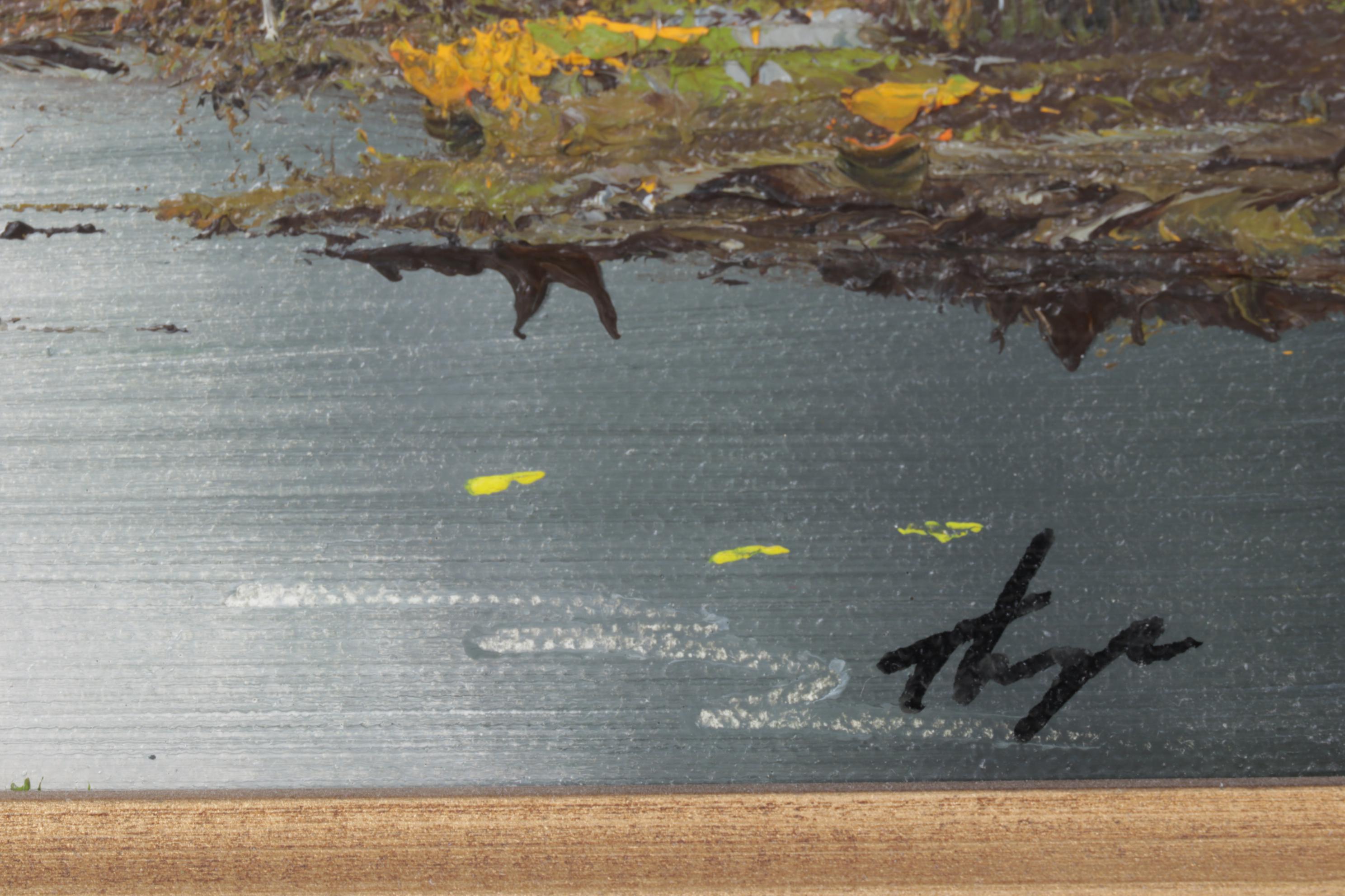 Thompson Impressionist Oil Painting of Autumn Trees on River, Late 20th Century