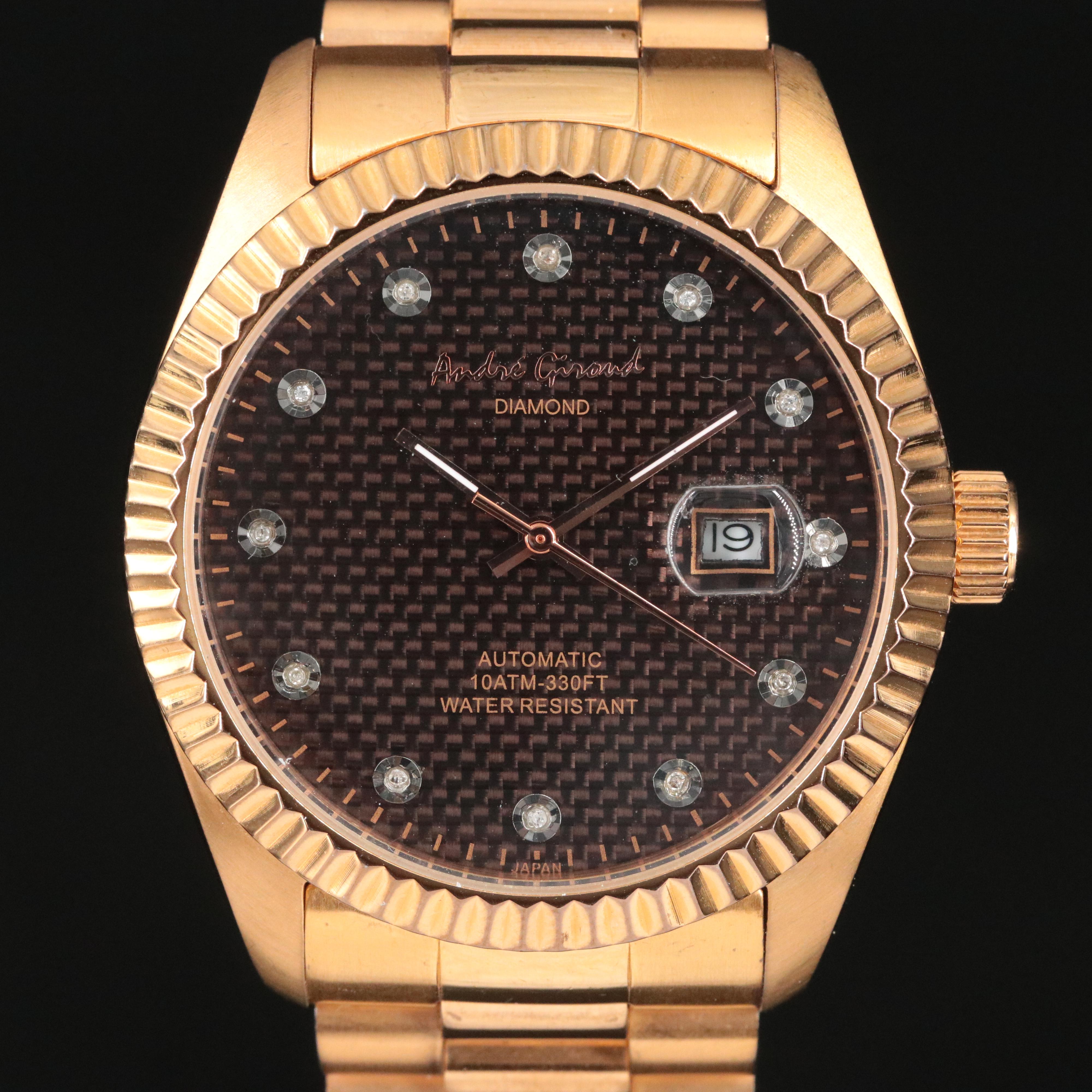 André Giroud Diamond Dial Gold Tone Date Watch