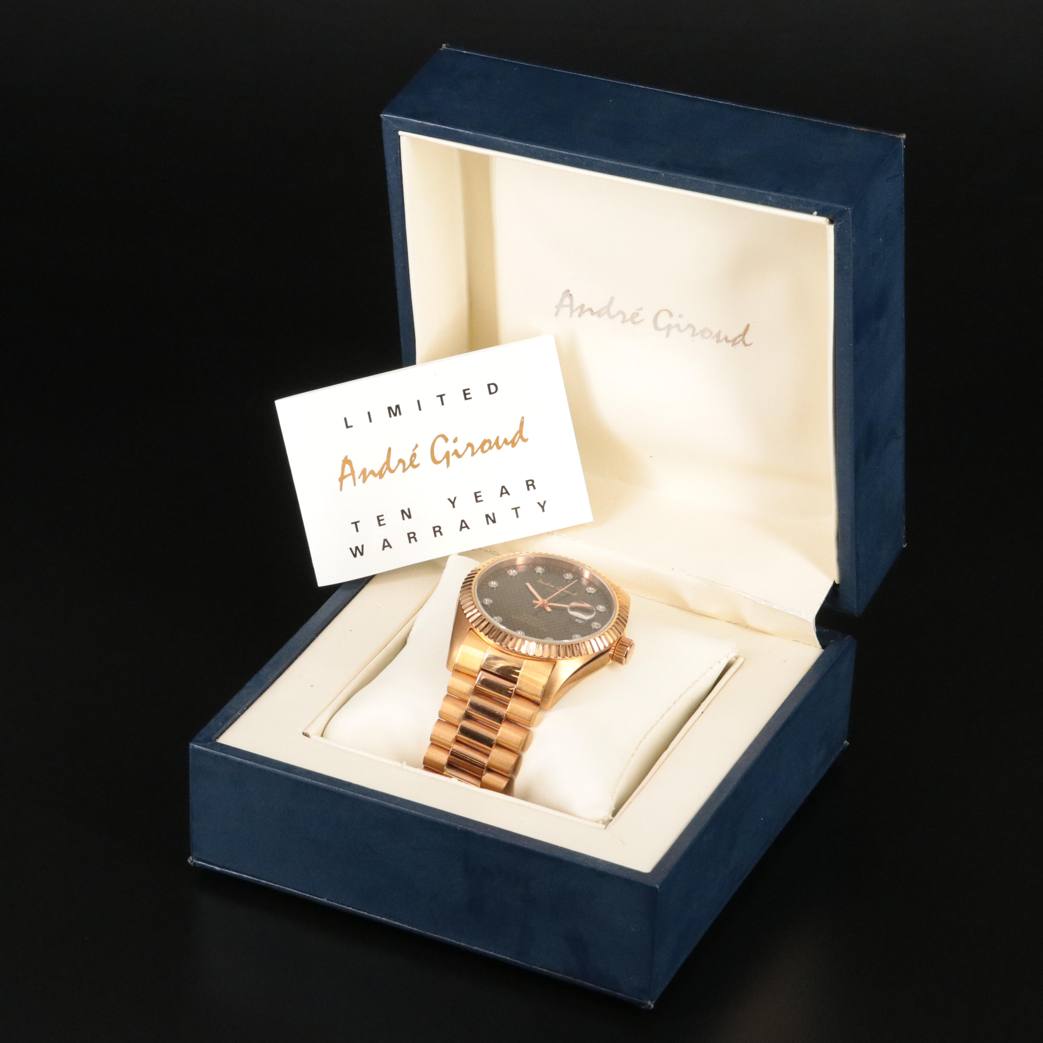 André Giroud Diamond Dial Gold Tone Date Watch