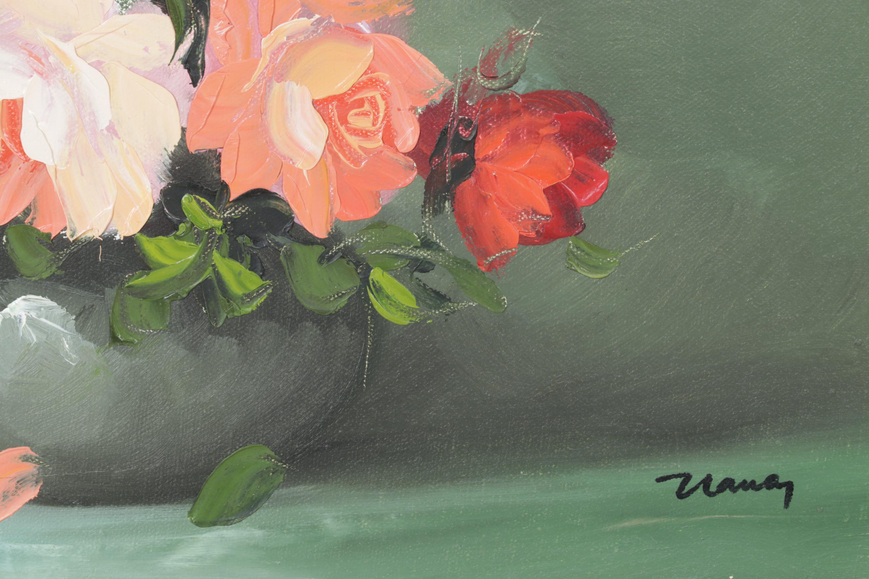 Vaney Floral Still Life Oil Painting, Late 20th Century