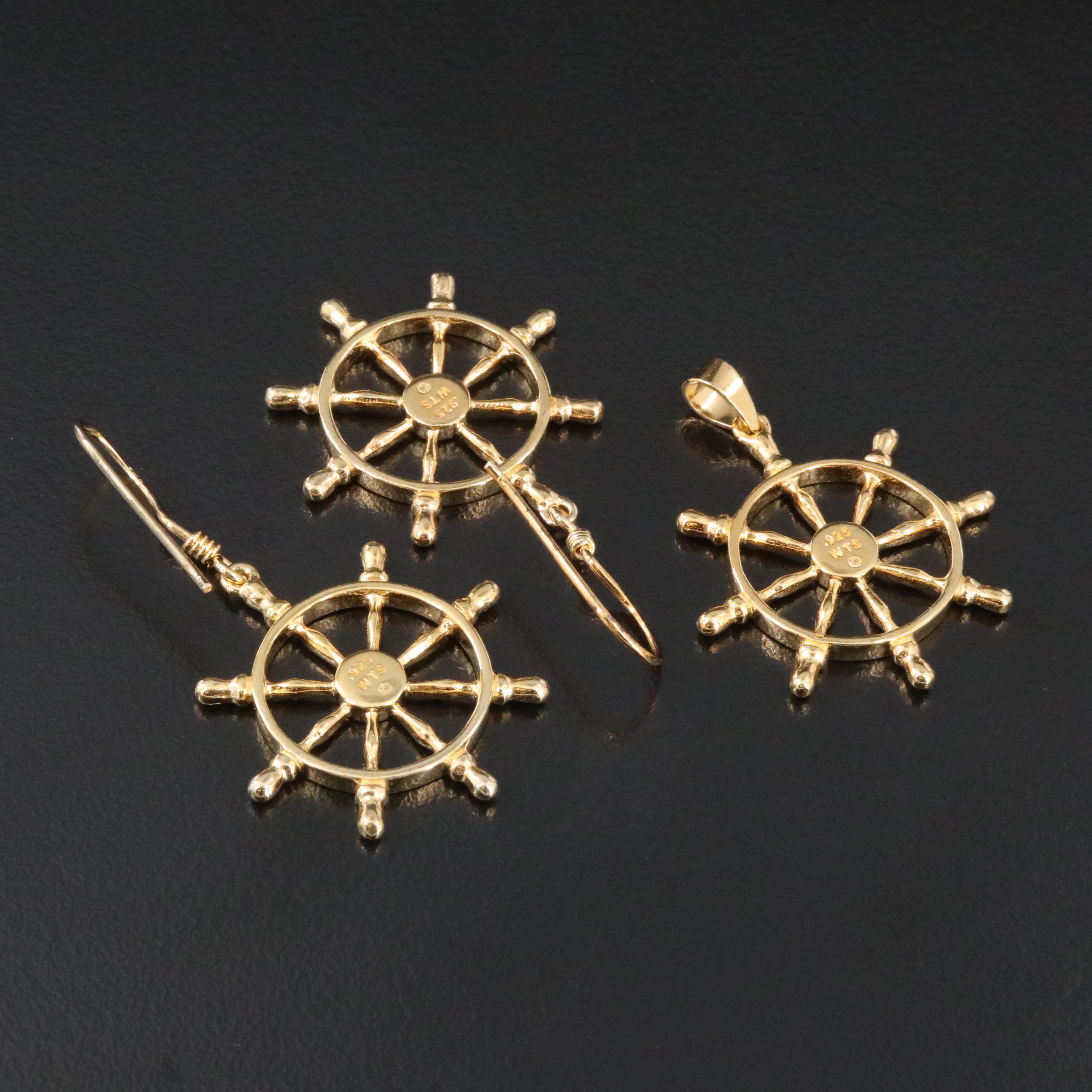Sterling Ship's Wheel Earrings and Pendant