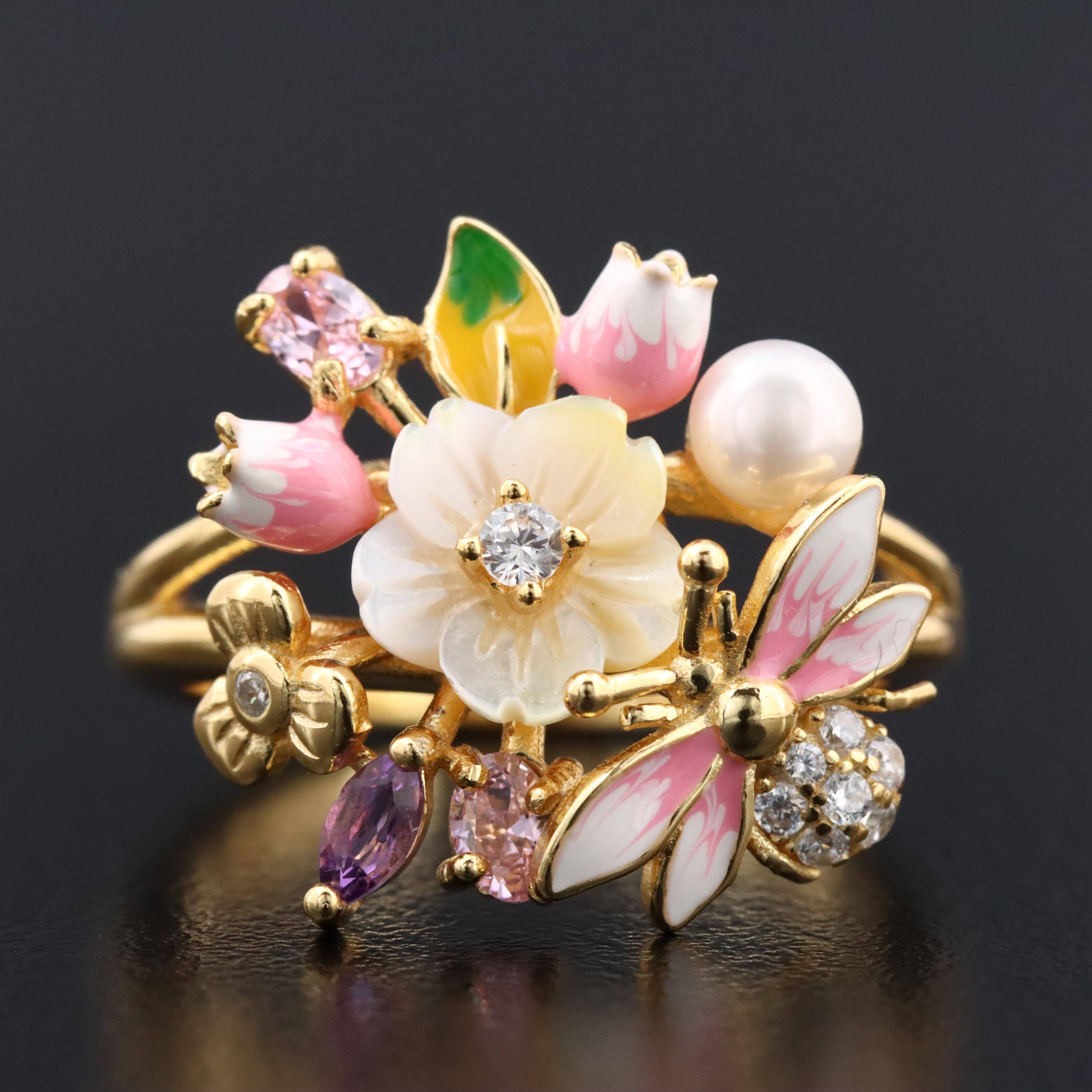 Sterling Mother-of-Pearl, CZ and Amethyst Ring