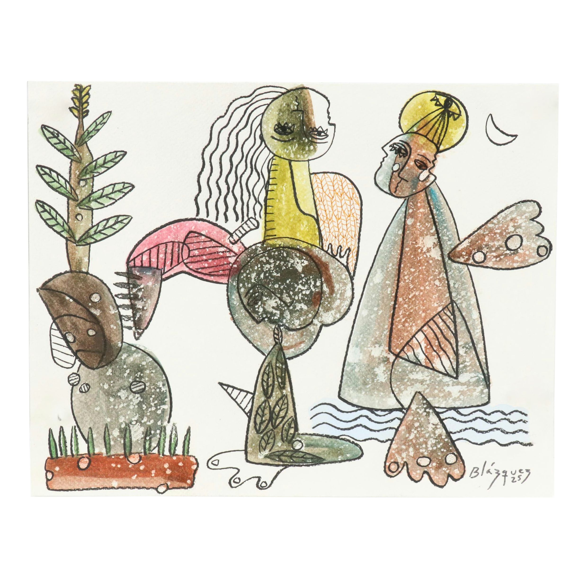 Michel Blázquez Surrealist Mixed Media Painting "Untitled #66," 2025