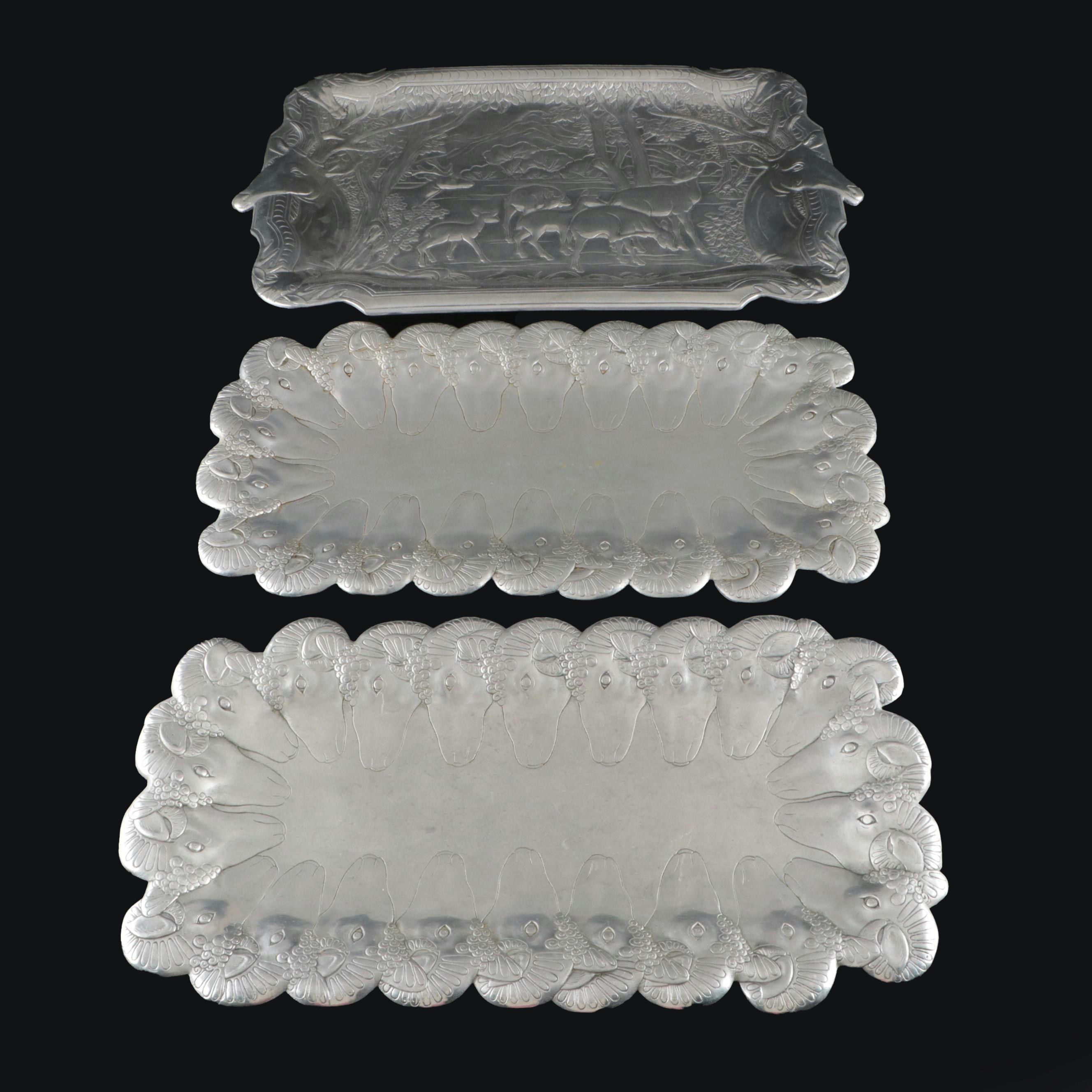 Arthur Court Pewter Rams Head and Deer Scene Serving Trays, 1980s