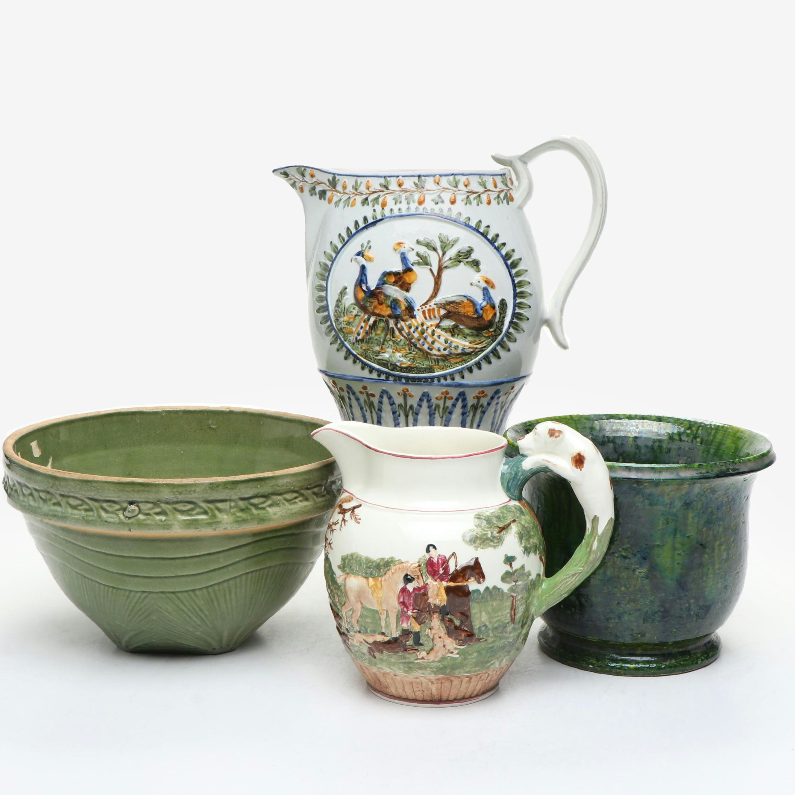 Wedgwood Dye Ken John Peel Hunt and Prattware Peacock Jugs with Other Decor
