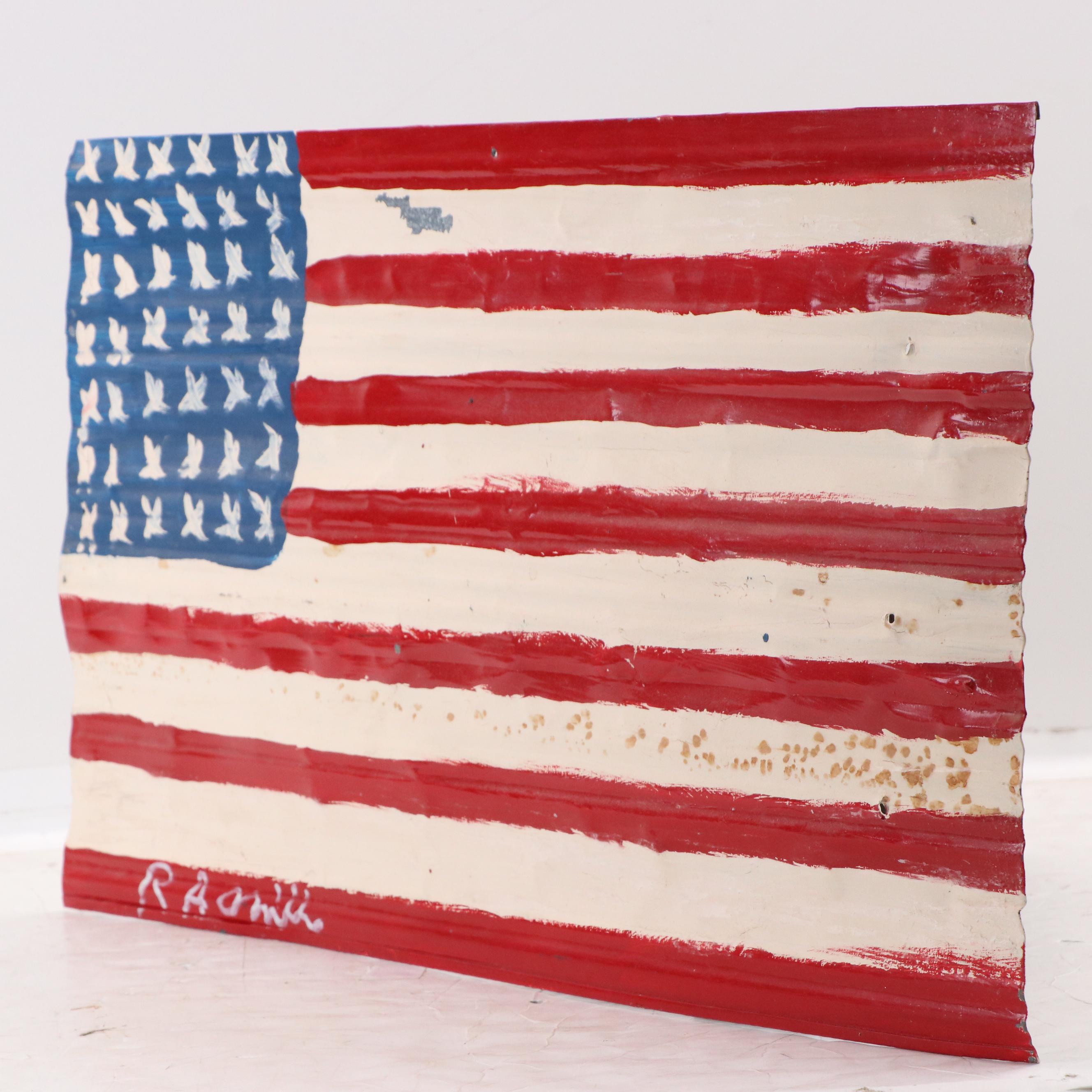R.A. Miller Folk Art Painting on Metal of American Flag