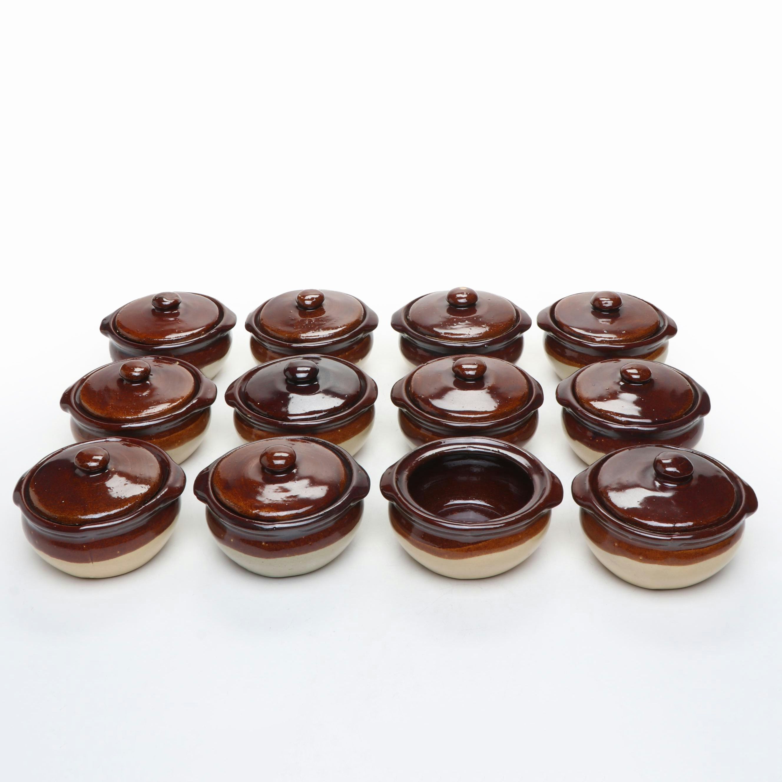 Vintage Two-Tone Stoneware Lidded Soup Bowls, Mid to Late 20th Century