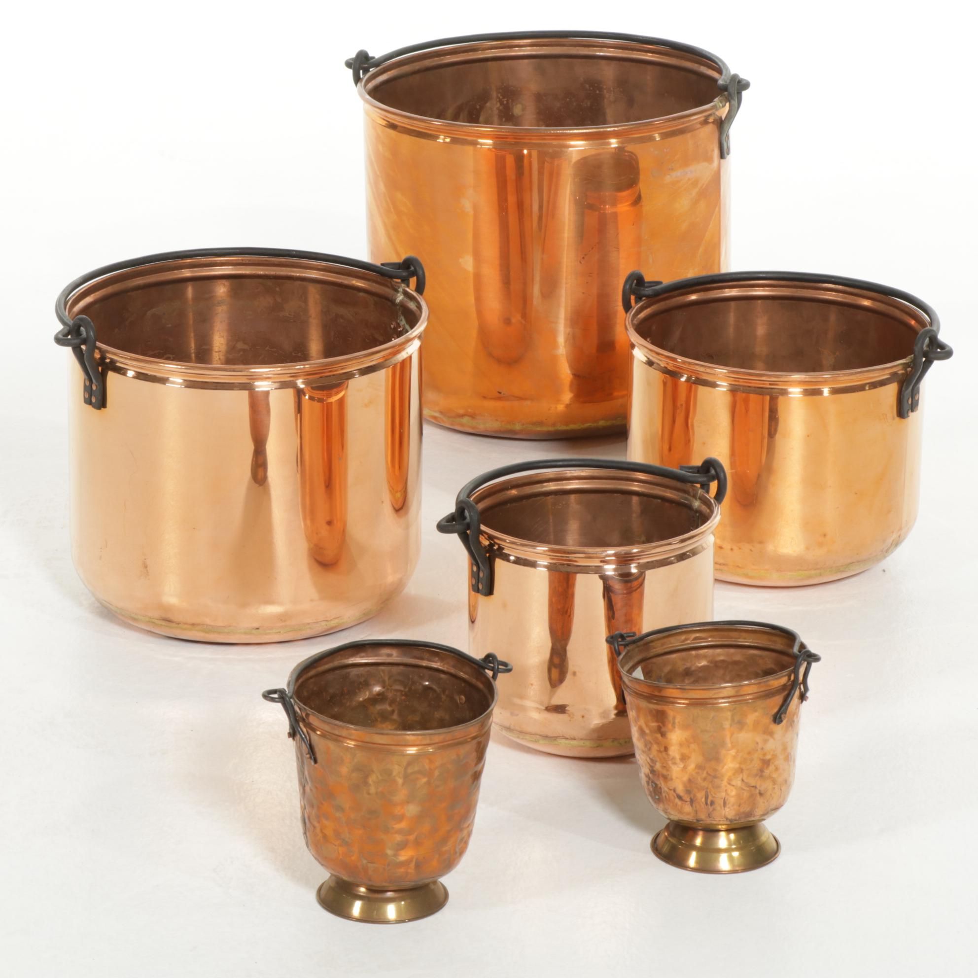 Victorian Style Graduated and Footed  Copper Buckets, 20th Century
