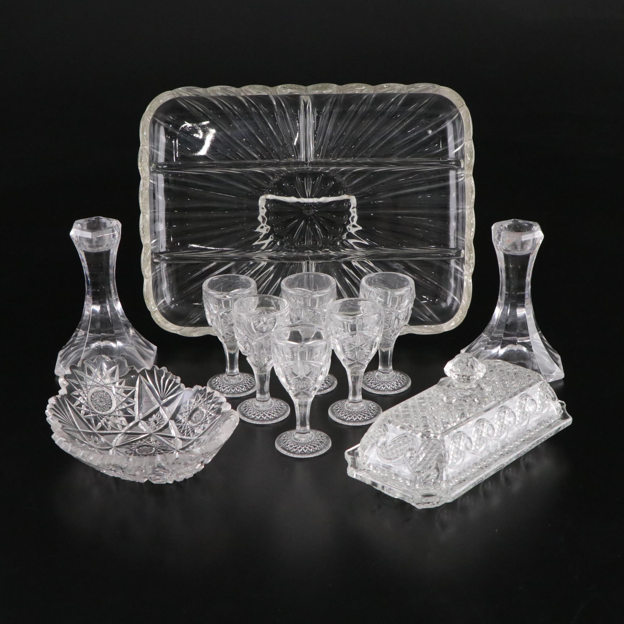 Avon "Cape Cod" Pressed Glass Butter Dish with Crystal Candlesticks and More