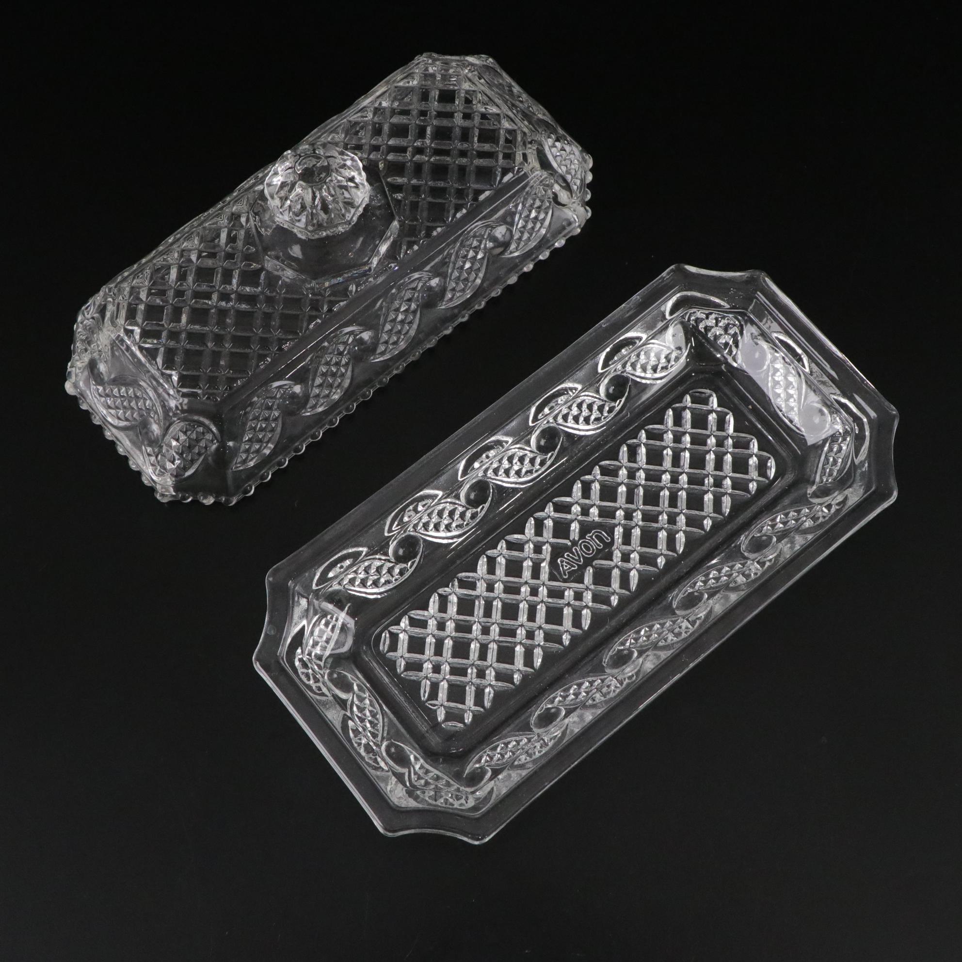 Avon "Cape Cod" Pressed Glass Butter Dish with Crystal Candlesticks and More