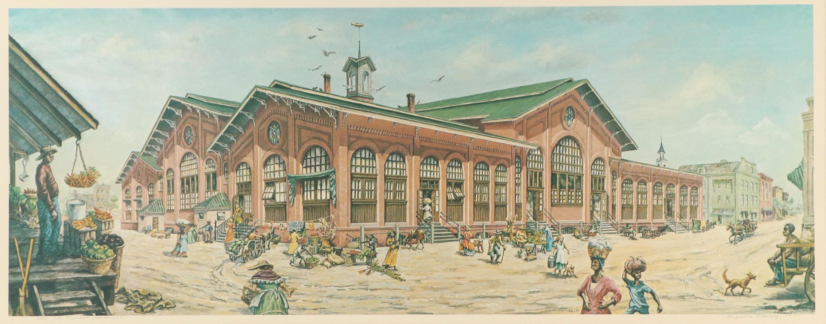 Augusta Oelschig Offset Lithograph "Old City Market, Savannah," 1975