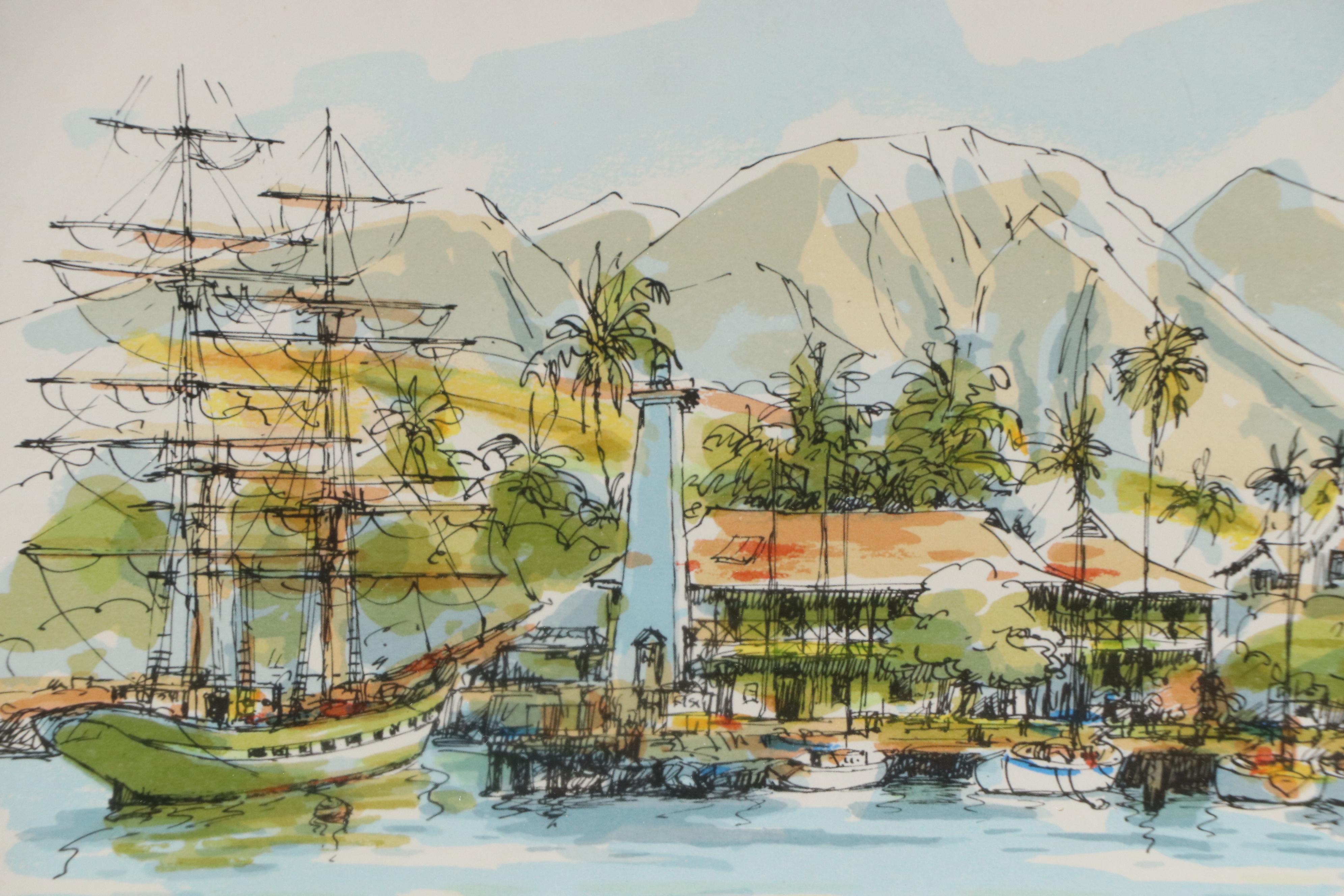 Dock Scene Lithograph, Late 20th Century